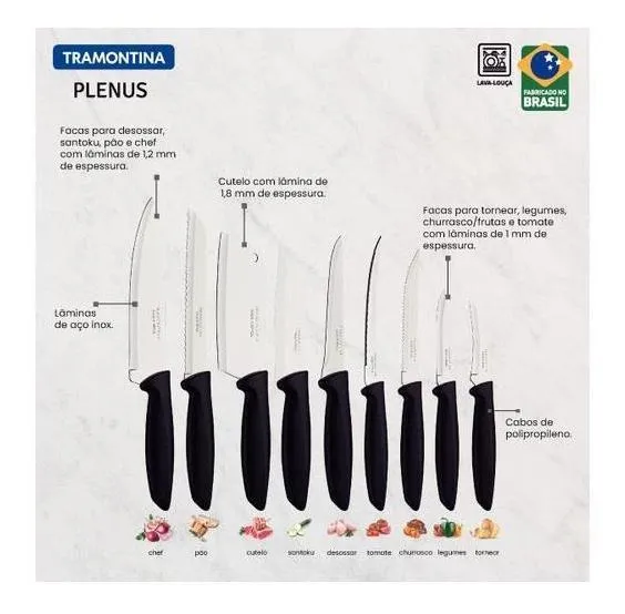 SET DE CUCHILLOS TRAMONTINA PLENUS EN ACERO INOXIDABLE Y MANGOS POLIPROPILENO NEGRO 9 PIEZAS - 3