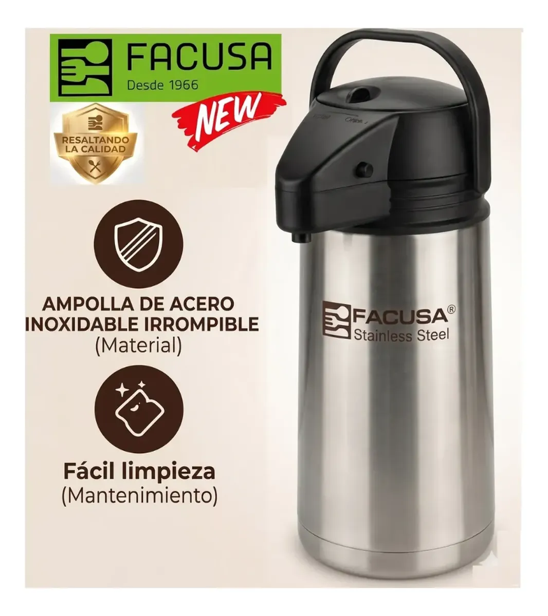 TERMO FACUSA INVICTUS 1.9L ACERO INOXIDABLE IRROMPIBLE CONSERVA CALOR 12H FRÍO 24H - 1