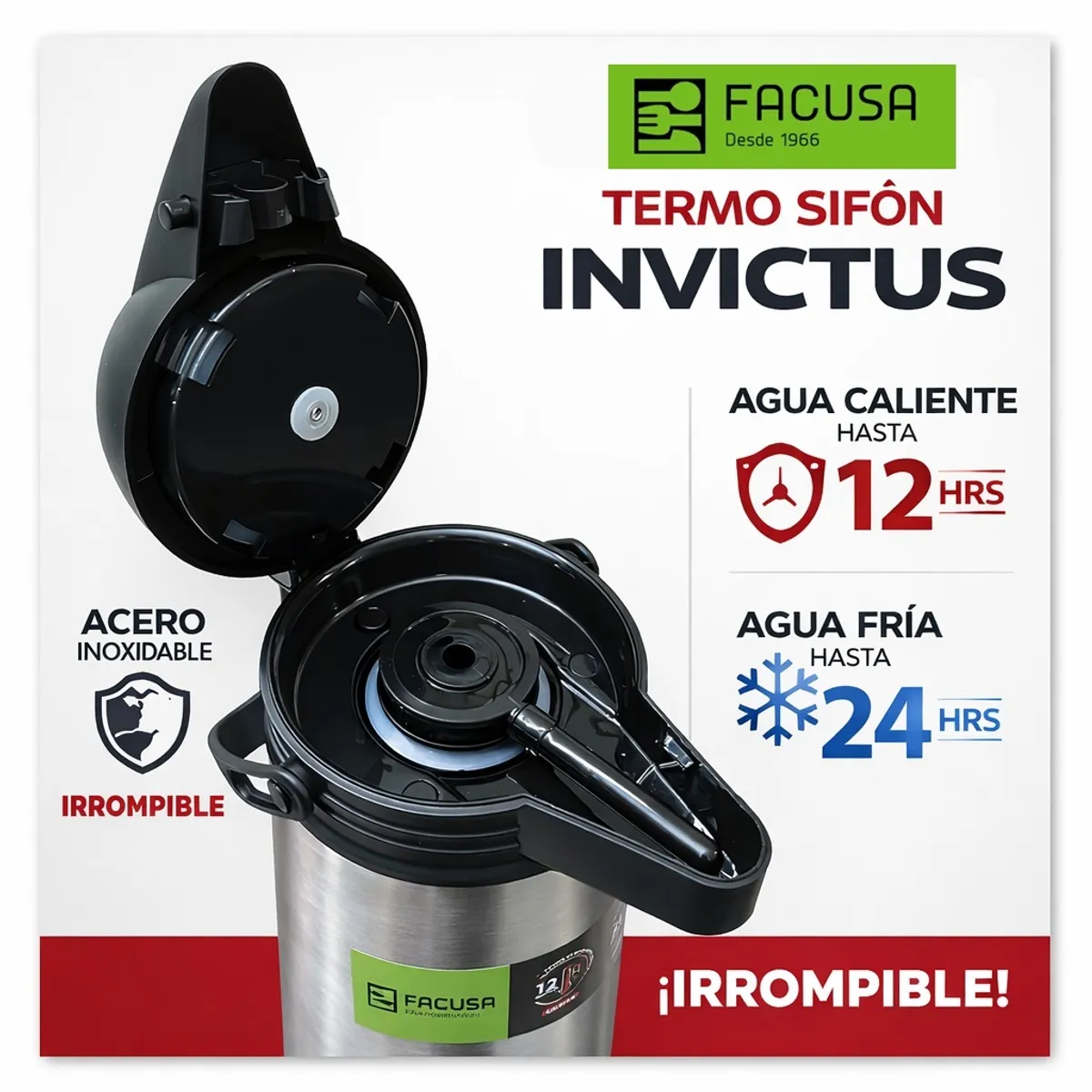 TERMO FACUSA INVICTUS 1.9L ACERO INOXIDABLE IRROMPIBLE CONSERVA CALOR 12H FRÍO 24H - 8