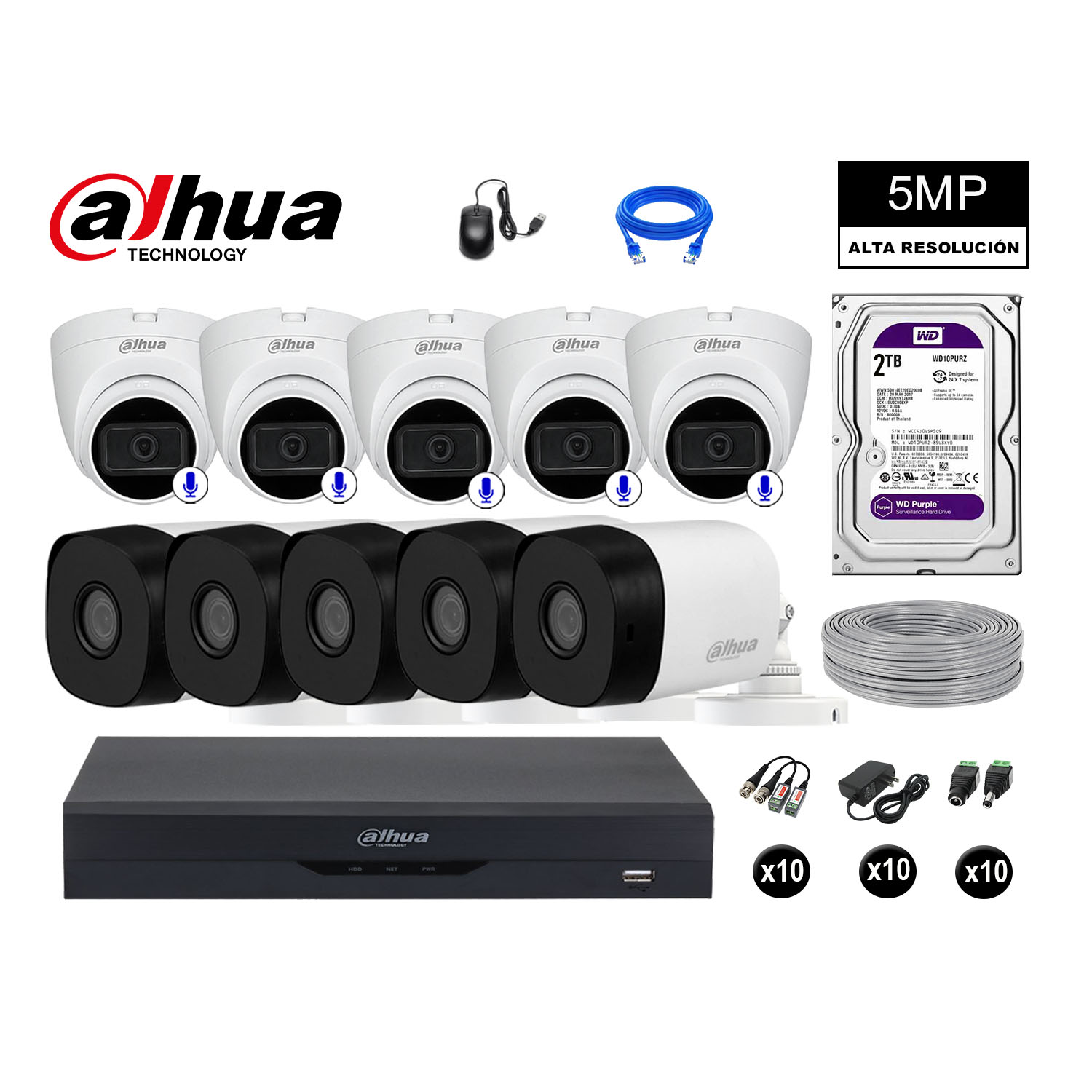 CÁMARAS SEGURIDAD DAHUA KIT 10 5MP + DISCO WD 2TB - 5 CAMARAS CON AUDIO - 1
