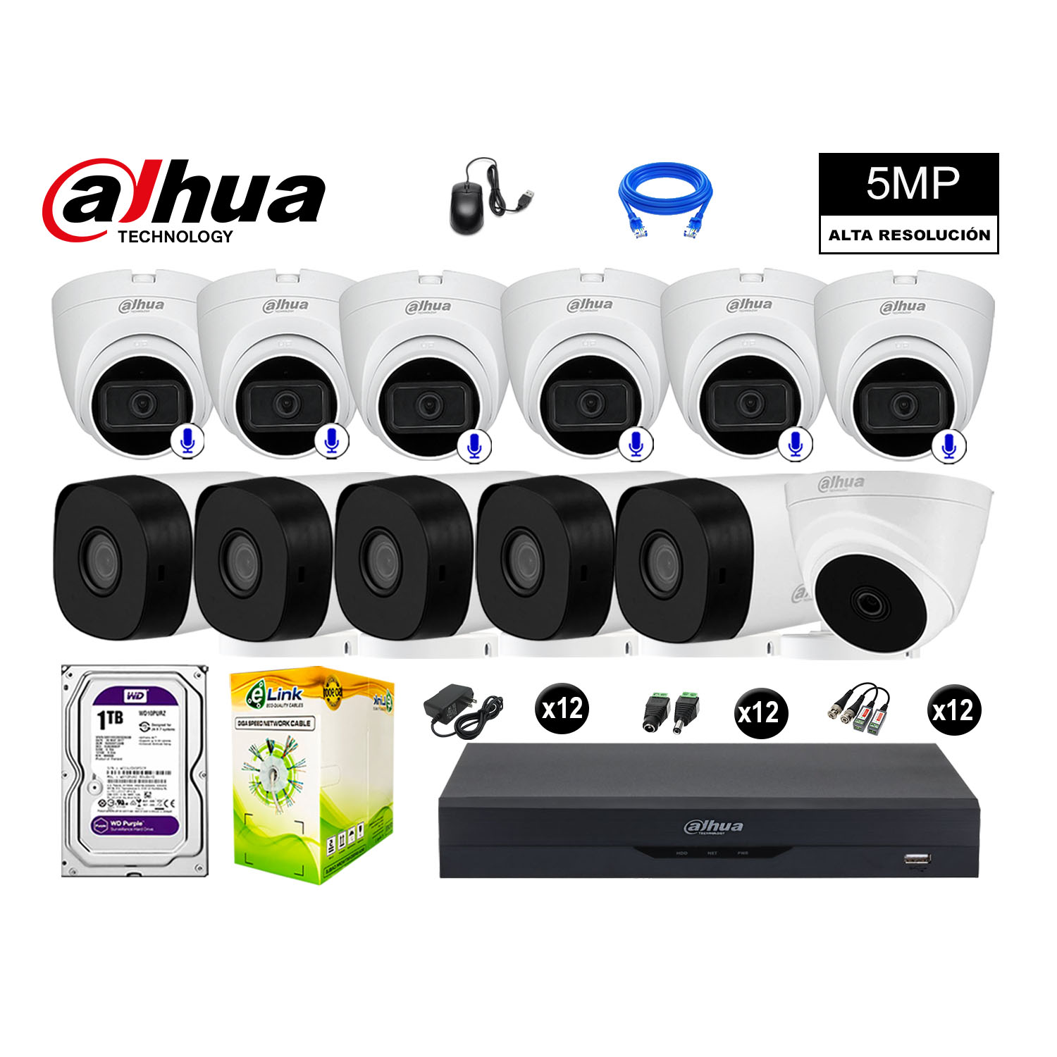 CÁMARAS SEGURIDAD DAHUA KIT 12 5MP + DISCO WD 1TB - 6 CAMARAS CON AUDIO - 1