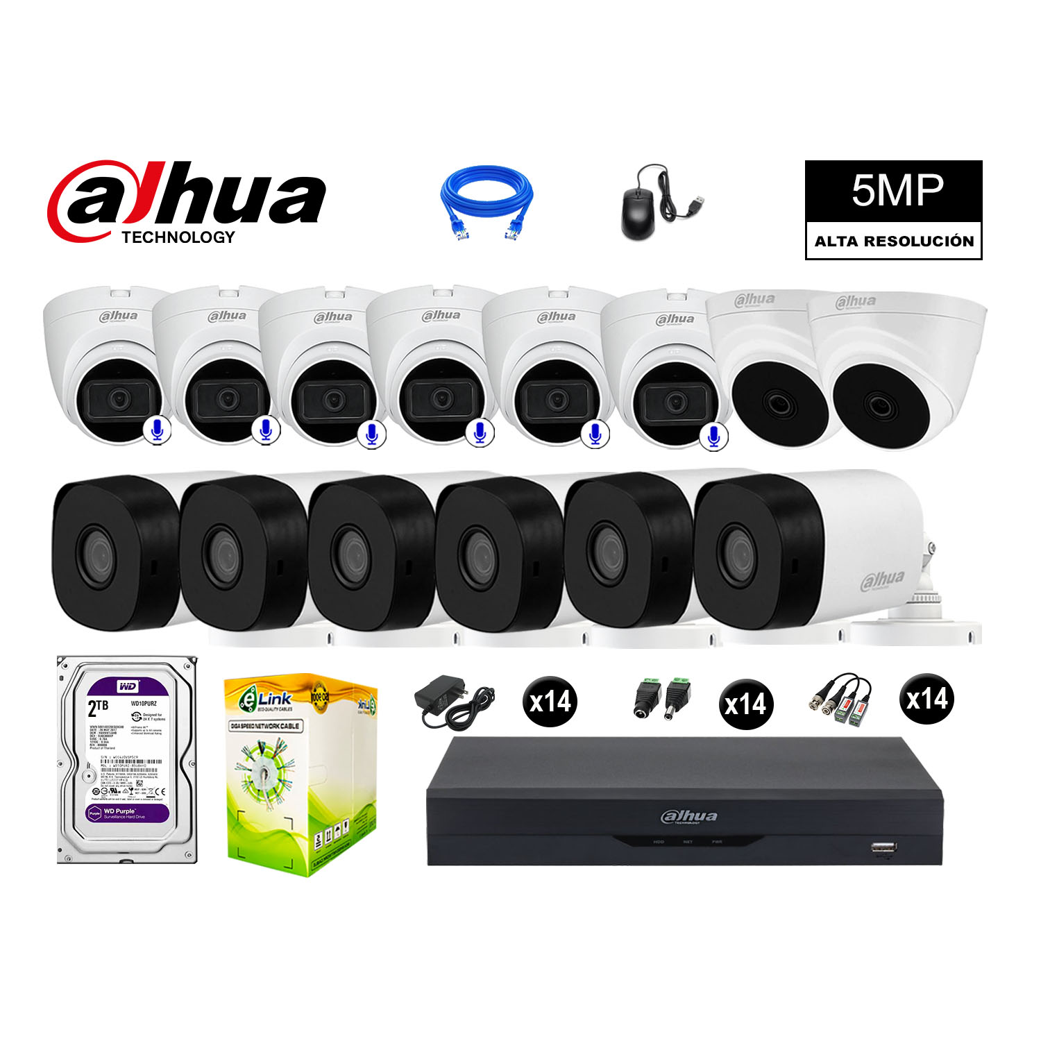 CÁMARAS SEGURIDAD DAHUA KIT 14 5MP + DISCO WD 2TB - 6 CAMARAS CON AUDIO - 1