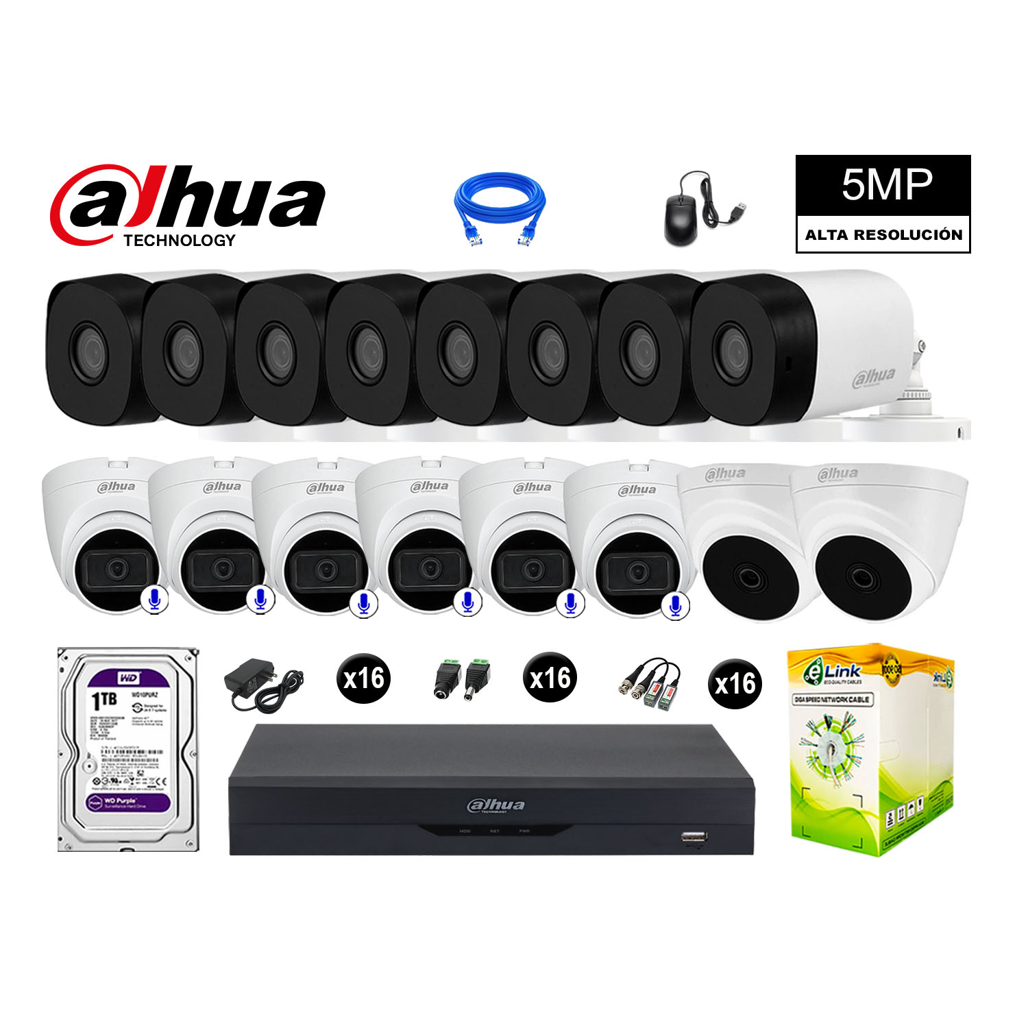 CÁMARAS SEGURIDAD DAHUA KIT 16 5MP + DISCO WD 1TB - 6 CAMARAS CON AUDIO - 1