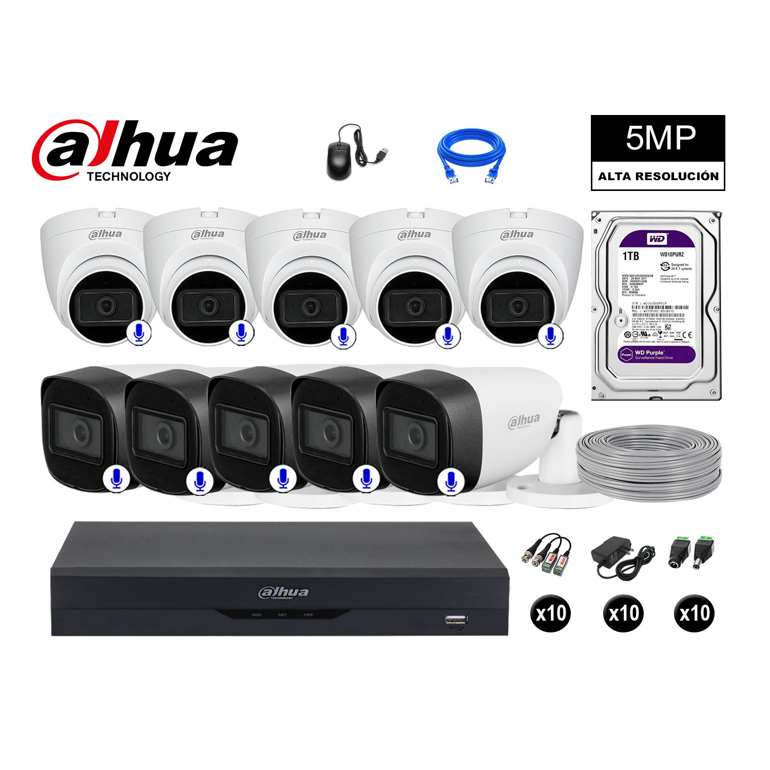 CÁMARAS SEGURIDAD DAHUA KIT 10 5MP + DISCO WD 1TB AUDIO INCORPORADO COMPLETO - 1