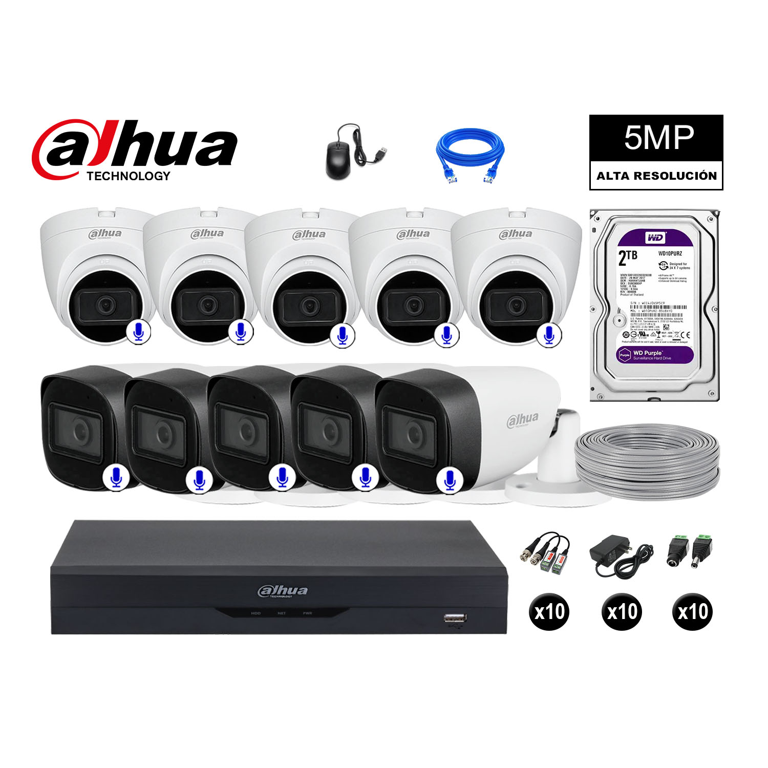 CÁMARAS SEGURIDAD DAHUA KIT 10 5MP + DISCO WD 2TB AUDIO INCORPORADO COMPLETO - 1