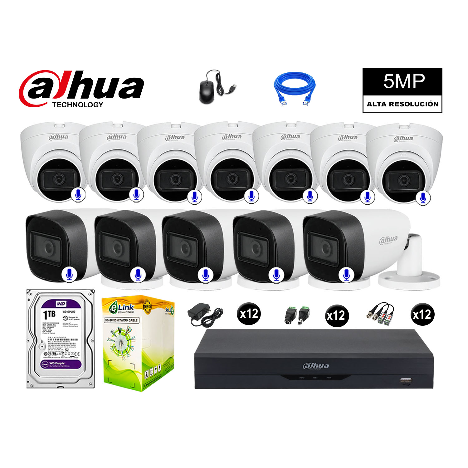 CÁMARAS SEGURIDAD DAHUA KIT 12 5MP + DISCO WD 1TB AUDIO INCORPORADO COMPLETO - 1