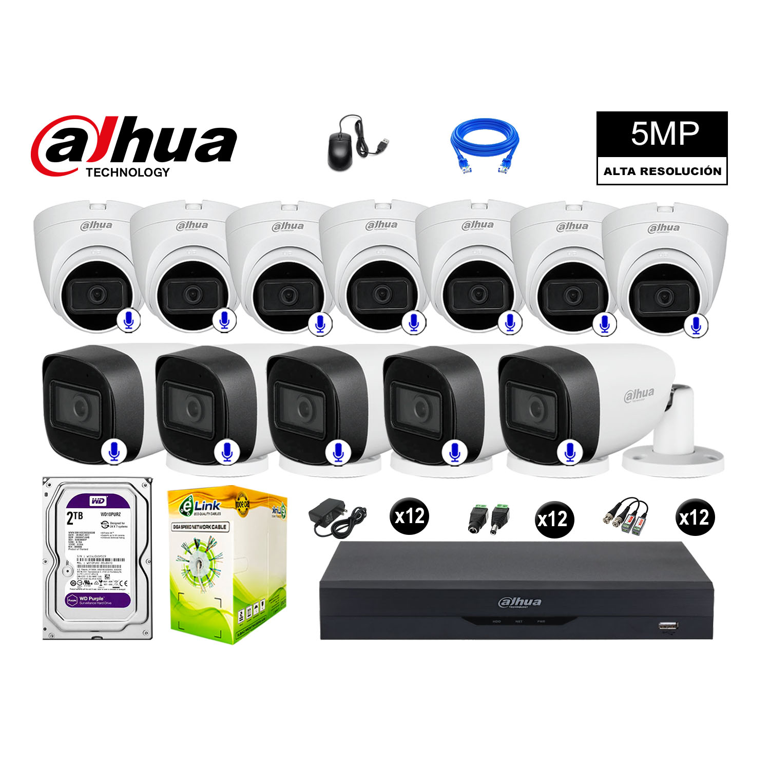 CÁMARAS SEGURIDAD DAHUA KIT 12 5MP + DISCO WD 2TB AUDIO INCORPORADO COMPLETO - 1