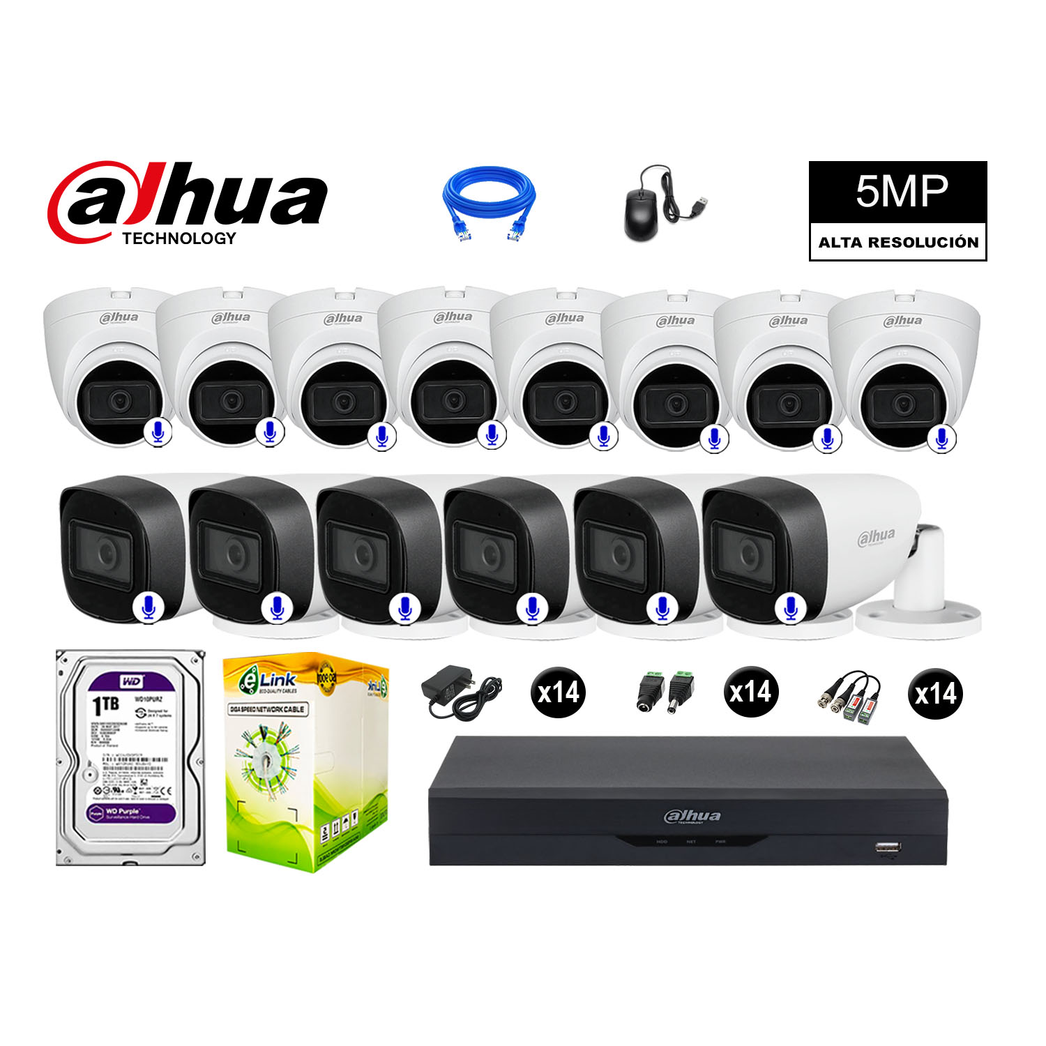 CÁMARAS SEGURIDAD DAHUA KIT 14 5MP + DISCO WD 1TB AUDIO INCORPORADO COMPLETO - 1