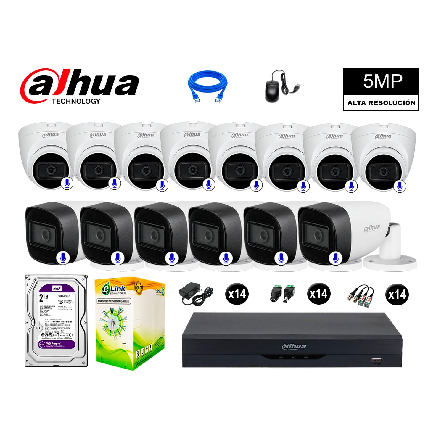 CÁMARAS SEGURIDAD DAHUA KIT 14 5MP + DISCO WD 2TB AUDIO INCORPORADO COMPLETO - 1
