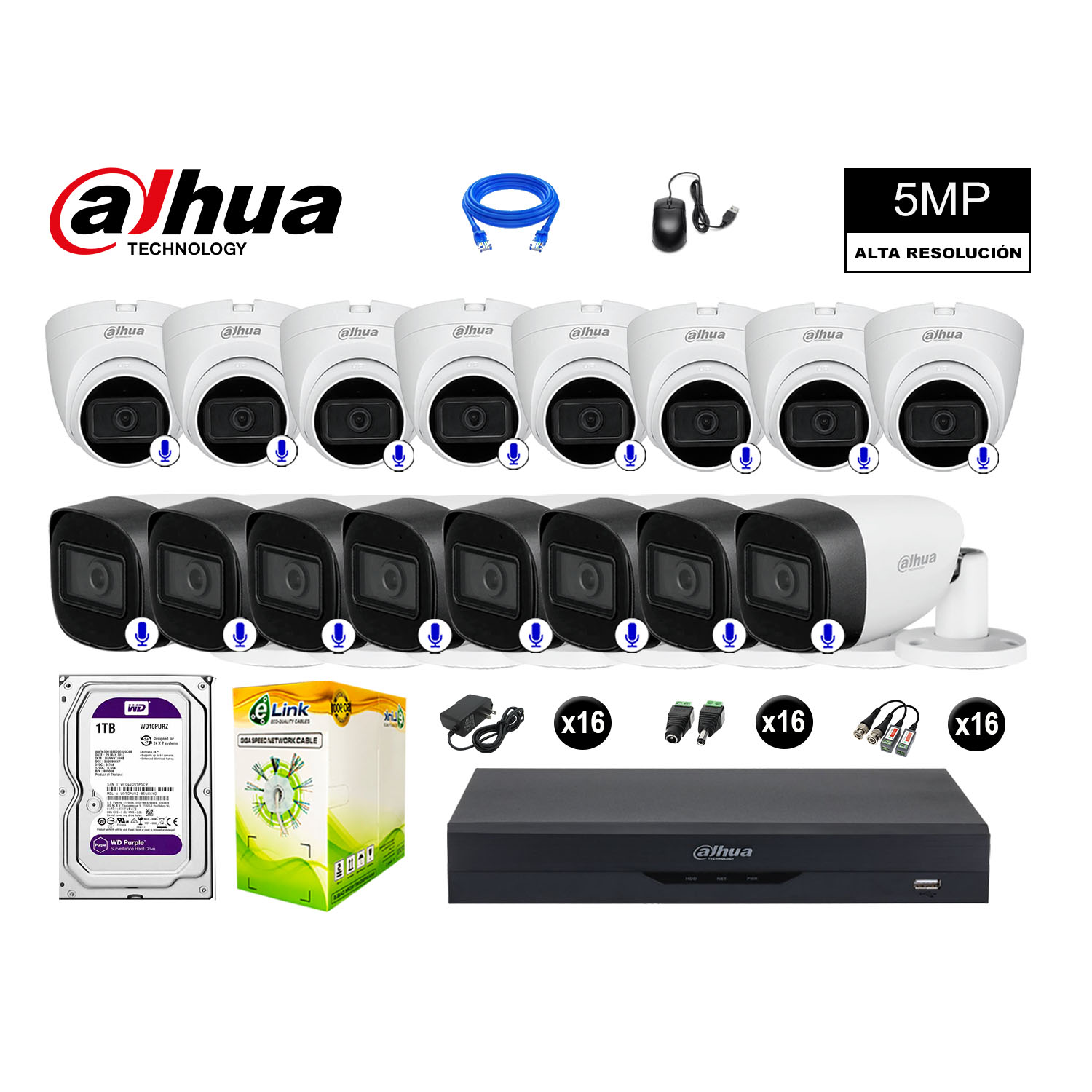 CÁMARAS SEGURIDAD DAHUA KIT 16 5MP + DISCO WD 1TB AUDIO INCORPORADO COMPLETO - 1