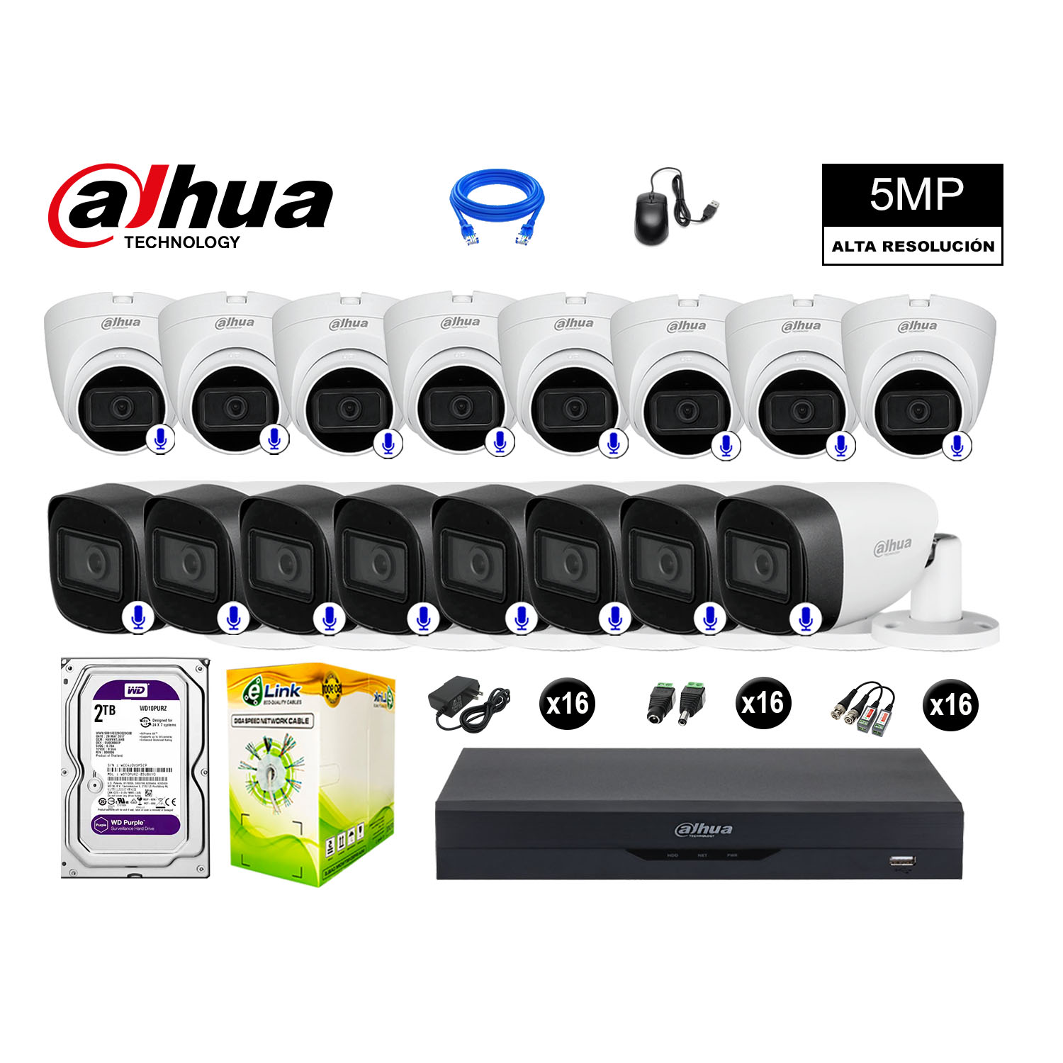 CÁMARAS SEGURIDAD DAHUA KIT 16 5MP + DISCO WD 2TB AUDIO INCORPORADO COMPLETO - 1