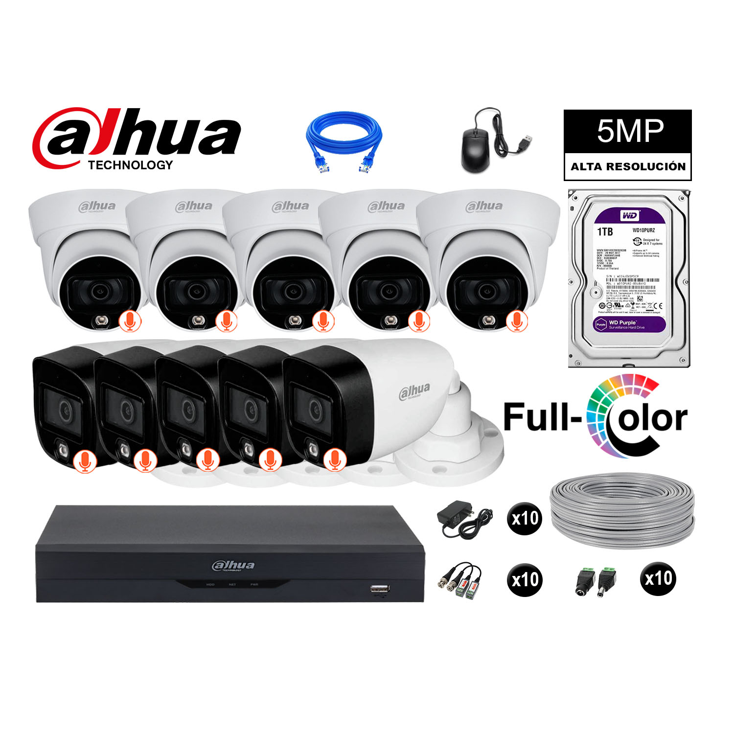 CÁMARAS SEGURIDAD DAHUA KIT 10 5MP + DISCO 1TB VISION NOCTURNA FULL COLOR - 1