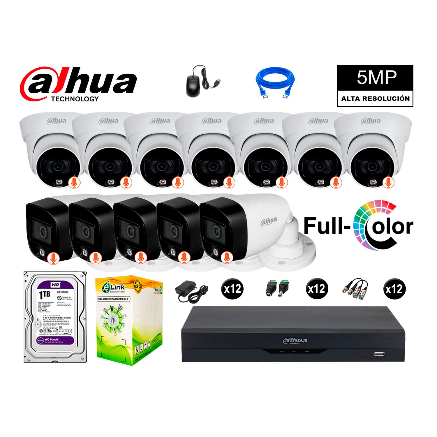 CÁMARAS SEGURIDAD DAHUA KIT 12 5MP + DISCO 1TB VISION NOCTURNA FULL COLOR - 1