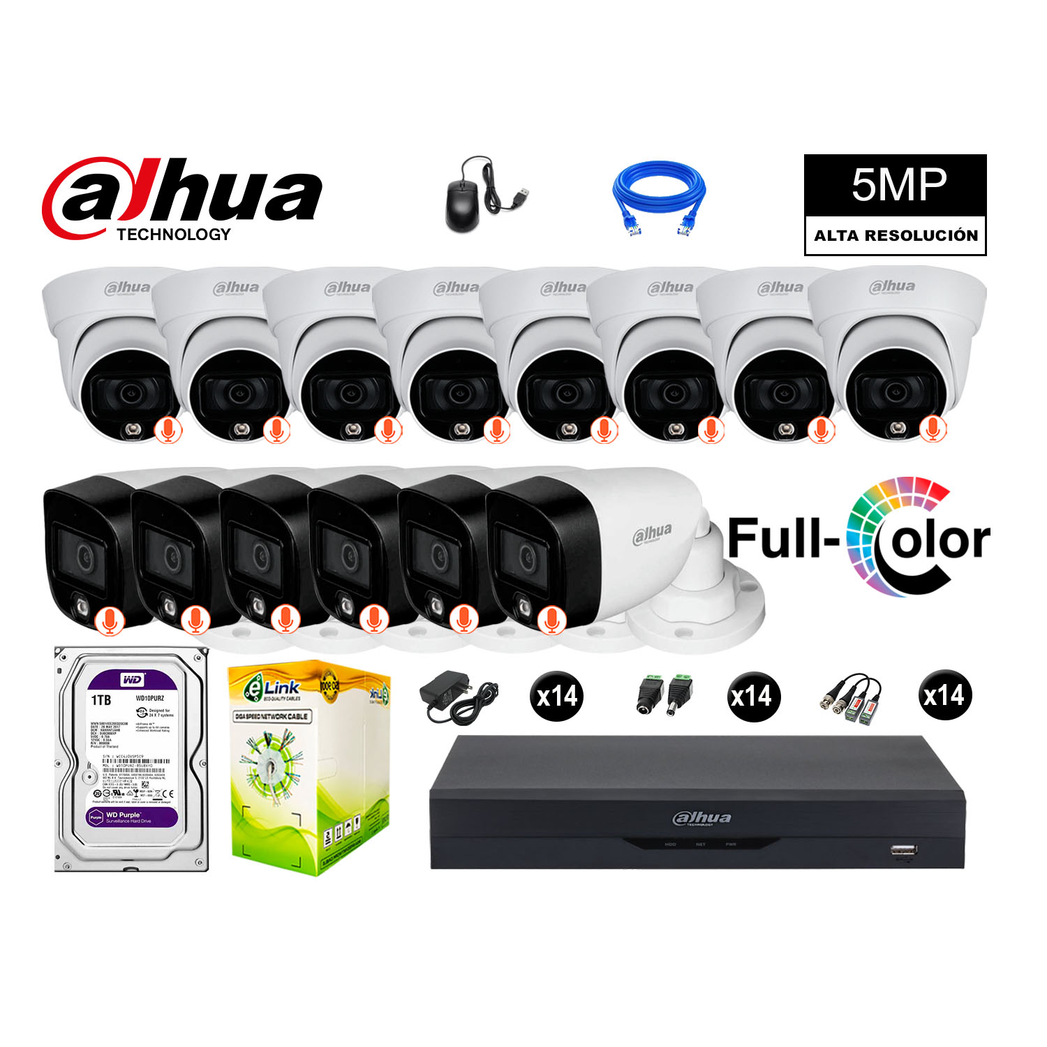CÁMARAS SEGURIDAD DAHUA KIT 14 5MP + DISCO 1TB VISION NOCTURNA FULL COLOR - 1