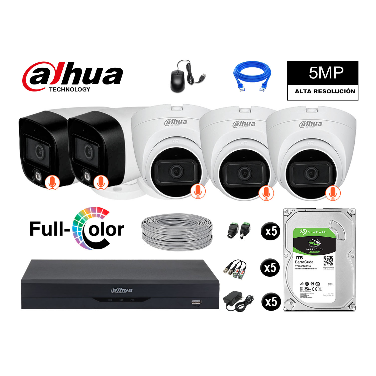 KIT 5 CÁMARA SEGURIDAD DAHUA 13021305025 5MP + DISCO VISION NOCHE FULL COLOR 1 TB - 1