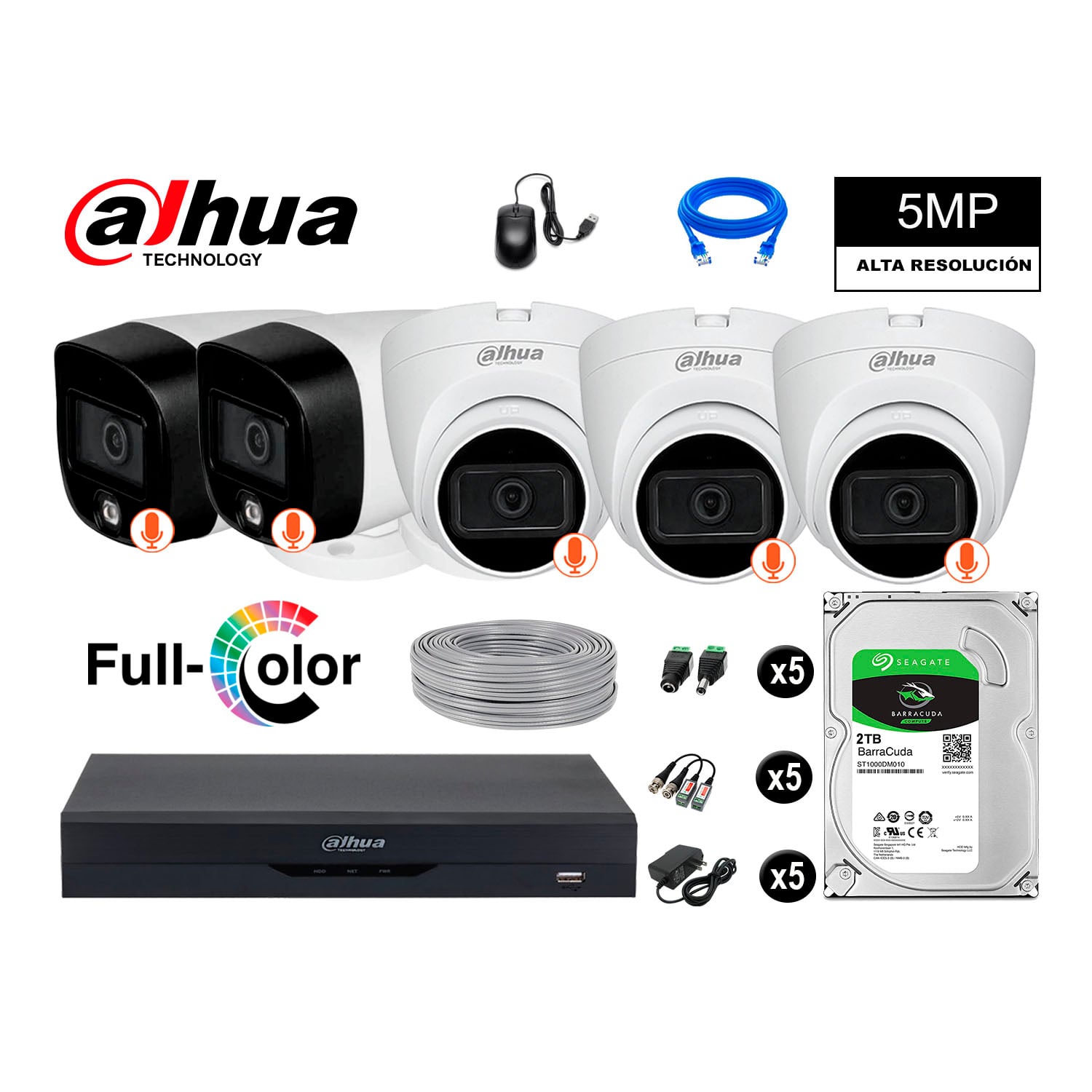 KIT 5 CÁMARA SEGURIDAD DAHUA 13021305026 5MP + DISCO VISION NOCHE FULL COLOR 2 TB - 1