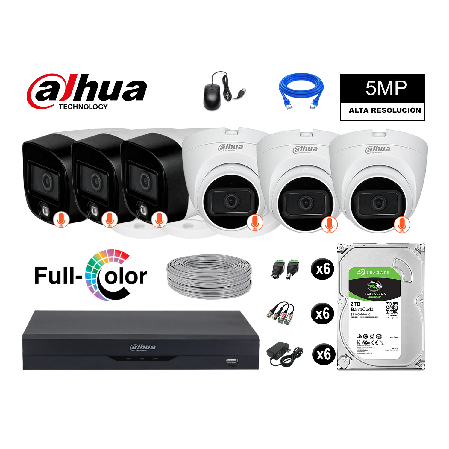 KIT 6 CÁMARA SEGURIDAD DAHUA 13021306028 5MP + DISCO VISION NOCHE FULL COLOR 2 TB - 1