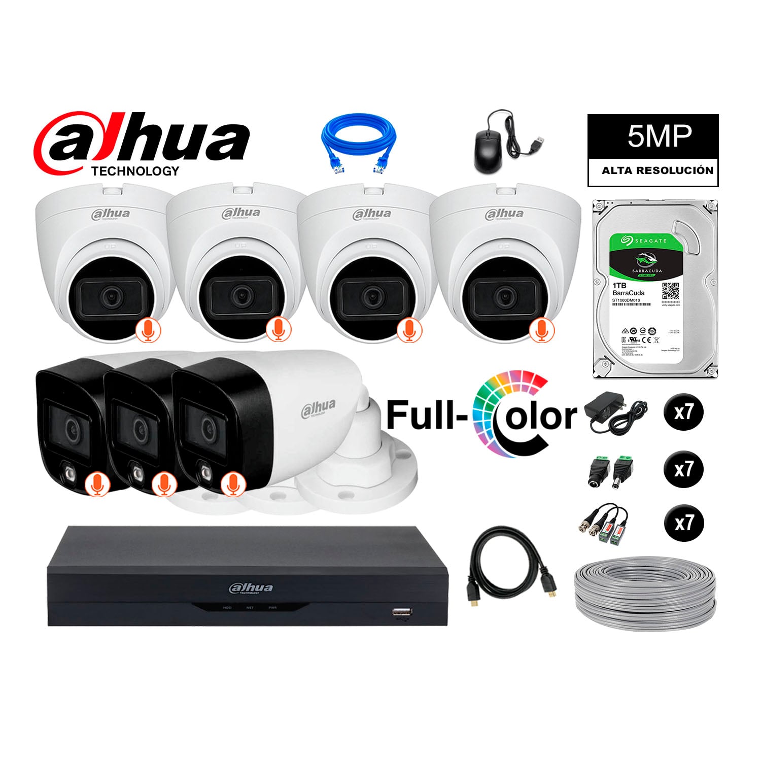 KIT 7 CÁMARA SEGURIDAD DAHUA 13021307029 5MP + DISCO VISION NOCHE FULL COLOR 1 TB - 1