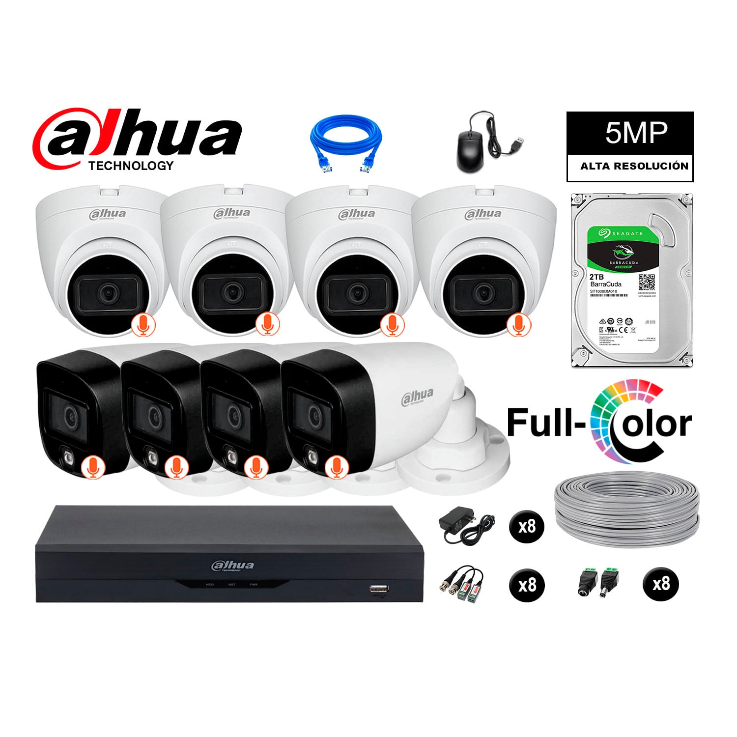 KIT 8 CÁMARA SEGURIDAD DAHUA 13021308032 5MP + DISCO VISION NOCHE FULL COLOR 2 TB - 1