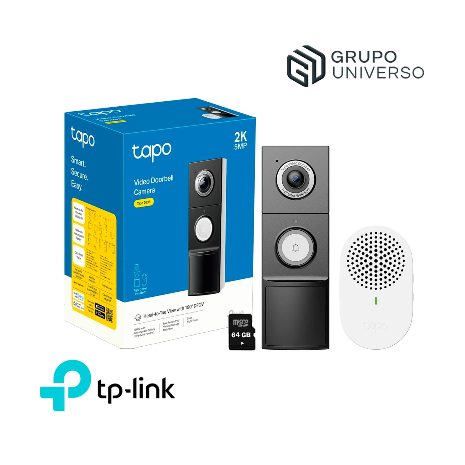 TP LINK - TIMBRE SMART TAPO D235 2K CÁMARA SONIDO BIDIRECCIONAL NOCHE COLOR 64GB - 1