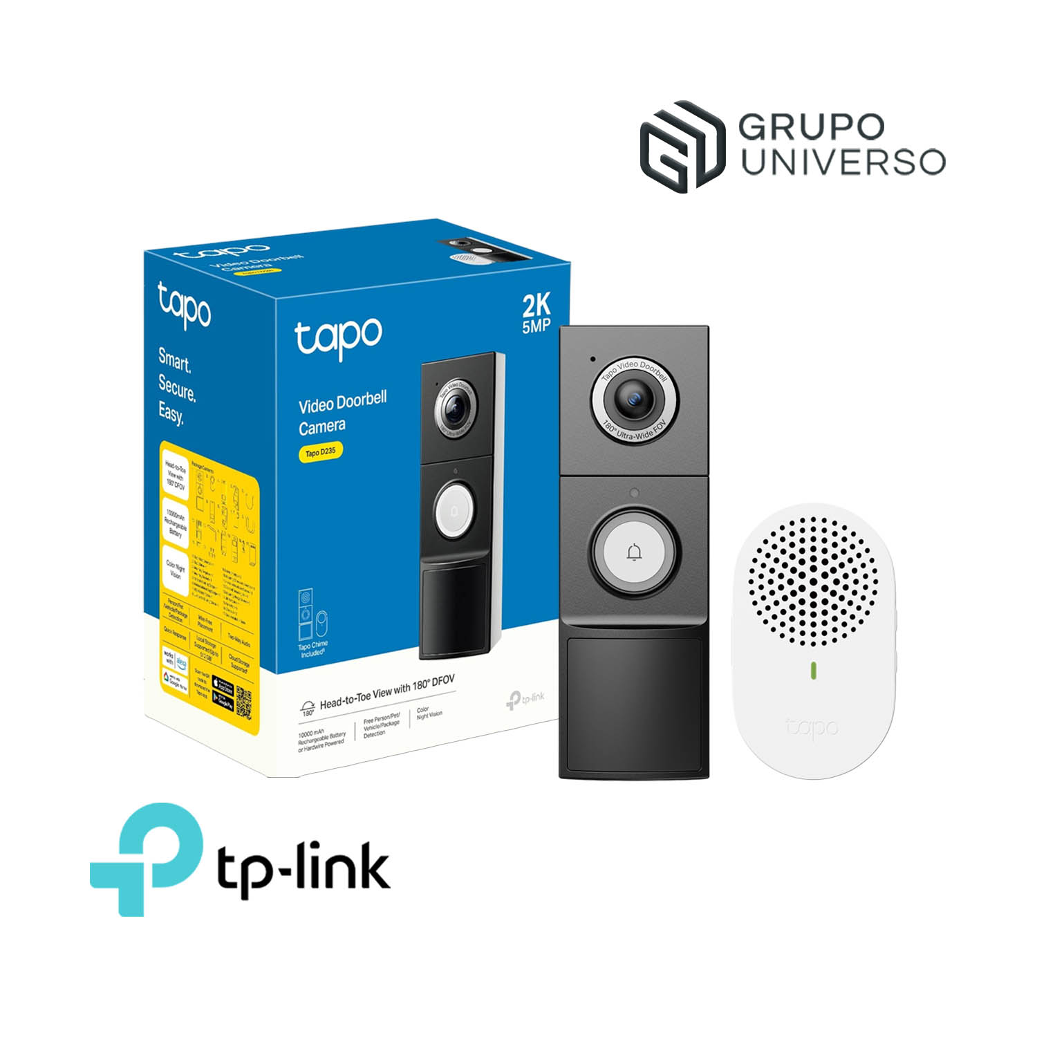 TP LINK - TIMBRE SMART TAPO D235 2K CÁMARA DETECCIÓN IA NOCHE COLOR AUDIO 2VÍAS - 1