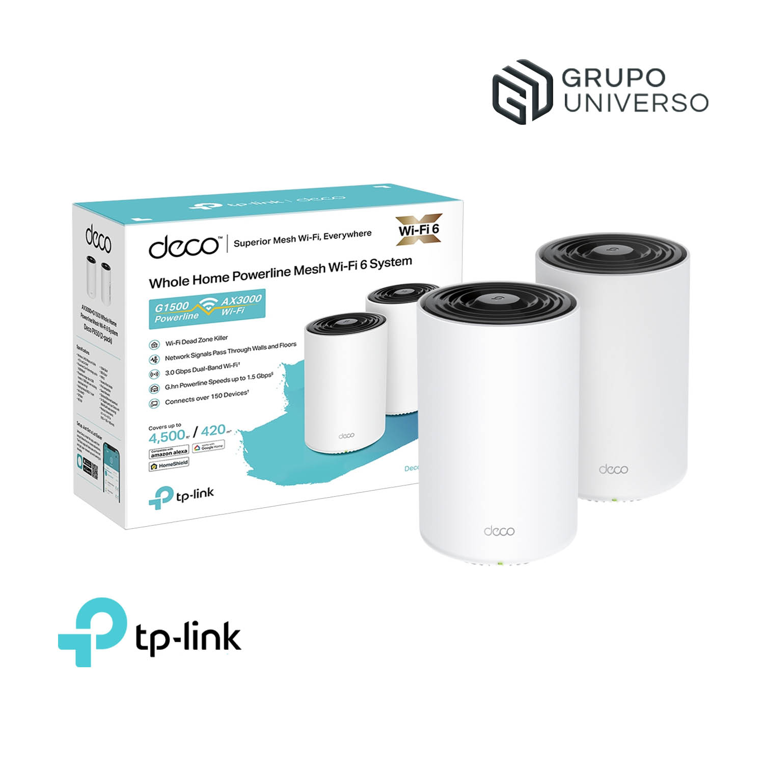 TP-LINK SISTEMA MESH DECO PX50 2-PACK DUAL-BAND WIFI 6  PLC AI AX3000 + G1500 - 1