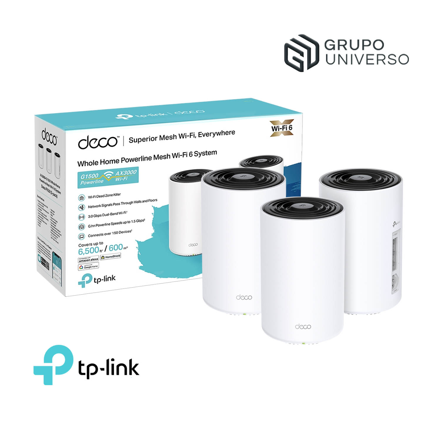 TP-LINK SISTEMA MESH DECO PX50 3-PACK DUAL-BAND WIFI 6 PLC AI AX3000 + G1500 - 1