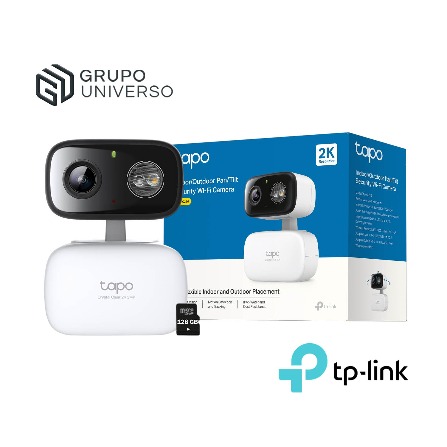 TP LINK - CÁMARA VIGILANCIA TAPO C216 2K 360 VISION NOCHE EXTERIOR ALARMA 128GB - 1