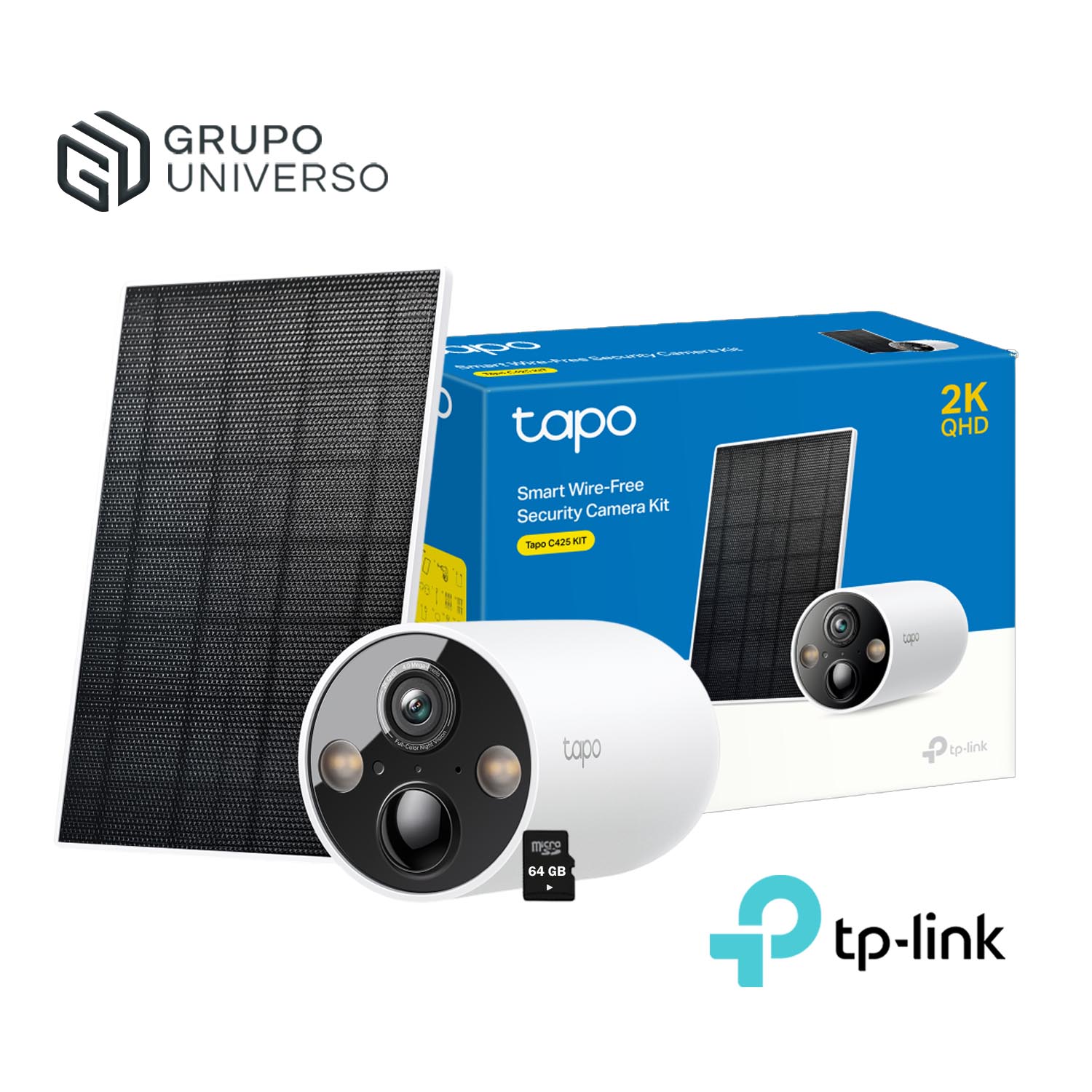 TP-LINK - CÁMARA TAPO C425 KIT 4MP AUDIO 2 VÍAS NOCHE COLOR BATERÍA PANEL 64GB - 1