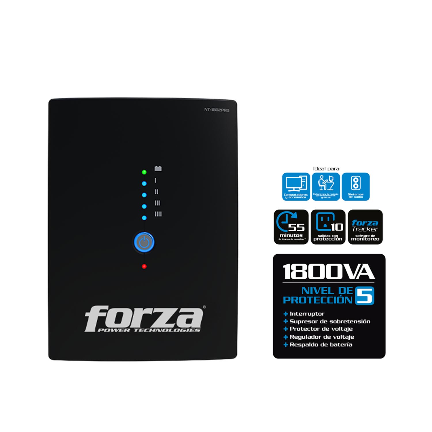 FORZA - UPS INTERACTIVA NT-1802PRO FORZA 1800VA/900W 220V 10 SALIDAS - 2