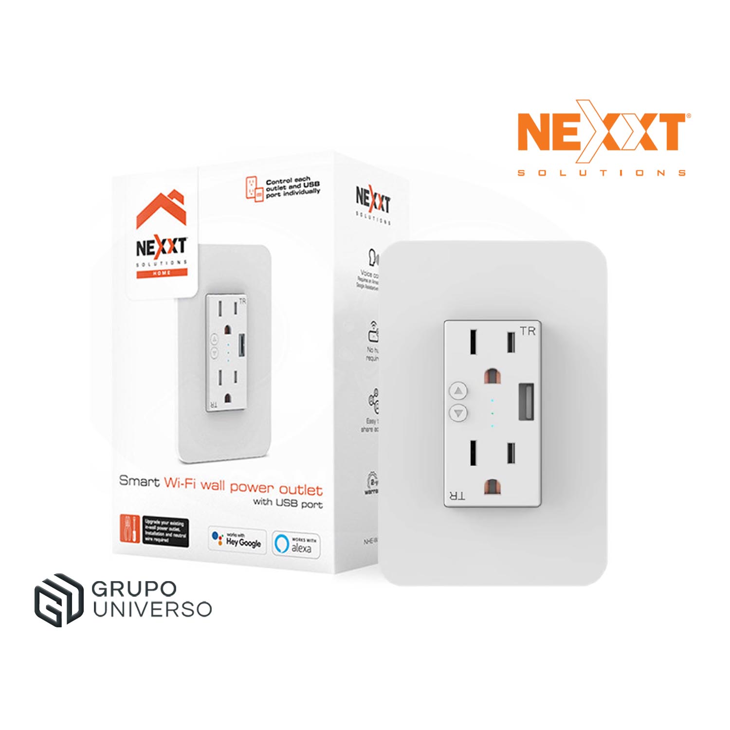 TOMACORRIENTE DE PARED INTELIGENTE NEXXT NHE-W100 2 TOMAS 1 USB ACTIVACIÓN VOZ - 1