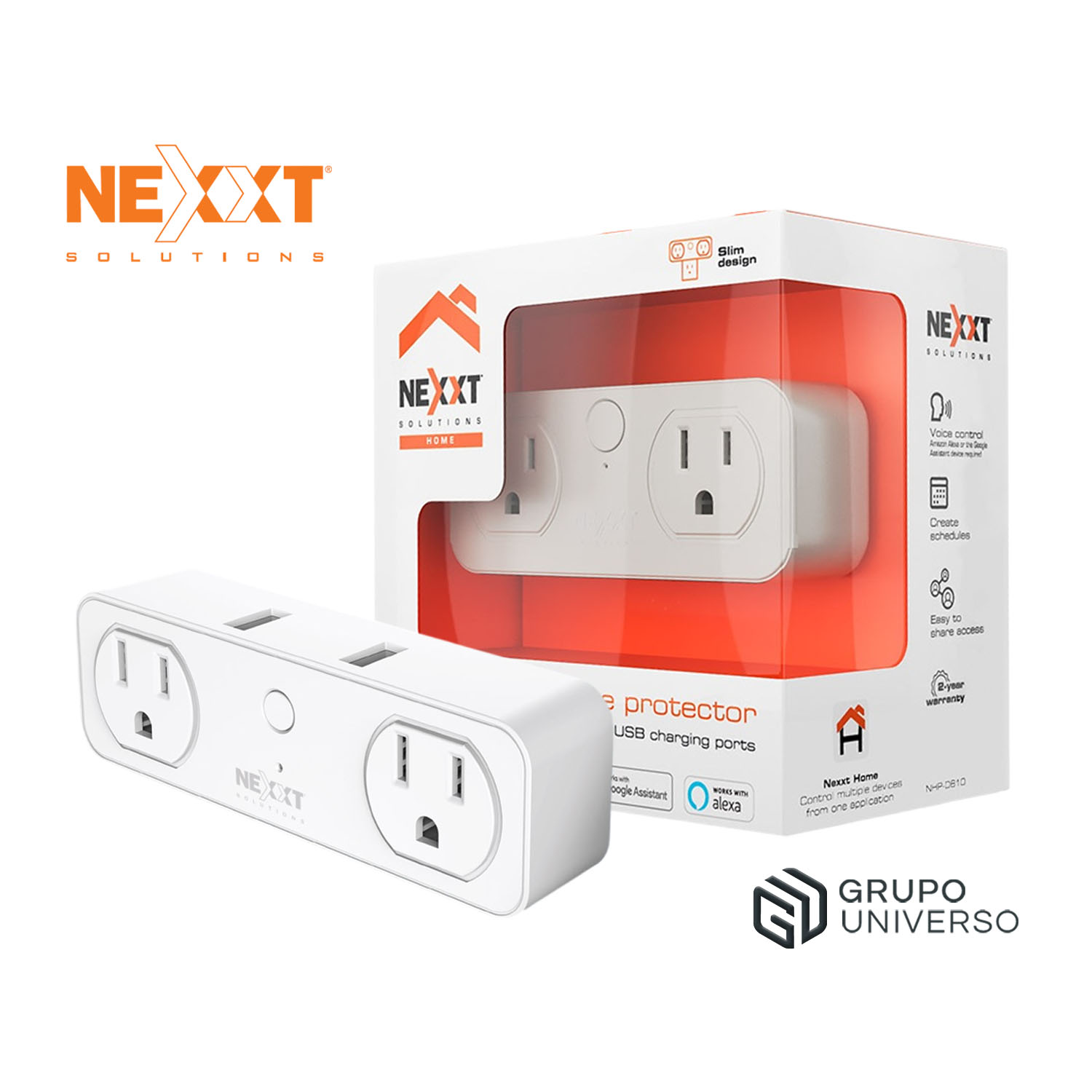 ENCHUFE INTELIGENTE NEXXT NHP-D610 2 SALIDAS NEMA 5-15R 2 USB CONTROL VOZ - 1