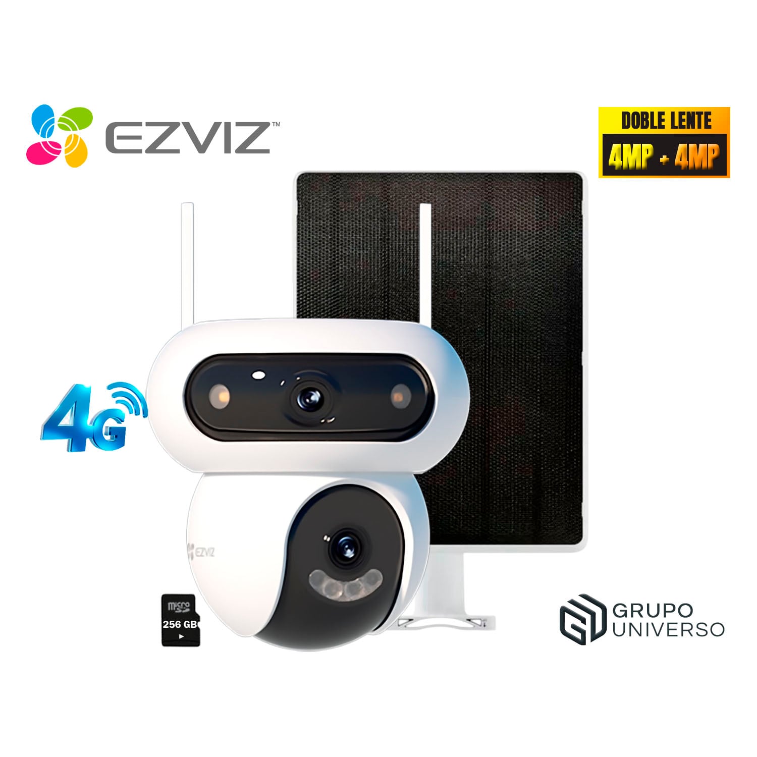 CÁMARA SEGURIDAD EZVIZ HB90X DUAL 4G KIT 4MP + 4MP 2 LENTES DETECCIÓN VEHÍCULO BATERÍA PANEL 256GB - 1