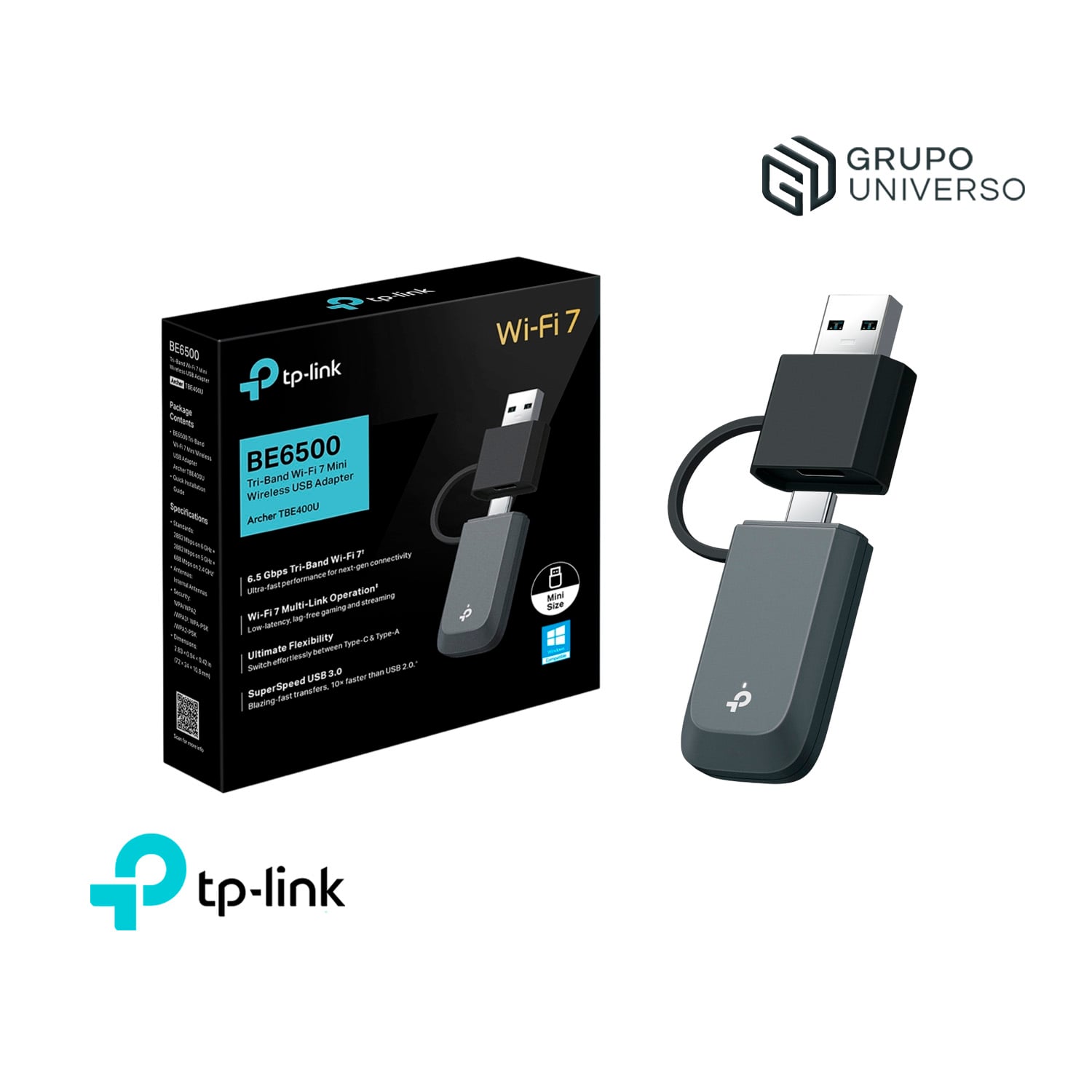 ADAPTADOR WIFI USB TP-LINK ARCHER TBE400U WIFI 7 BE6500 DOBLE CONECTOR - 1