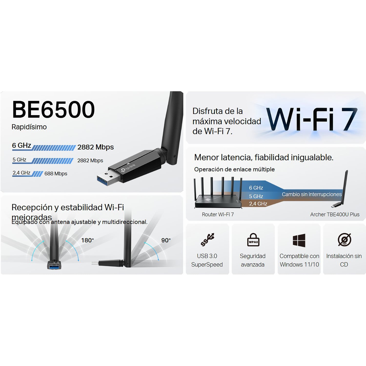 ADAPTADOR WIFI USB TP-LINK ARCHER TBE400U PLUS WIFI 7 TRIBANDA BE6500 - 2