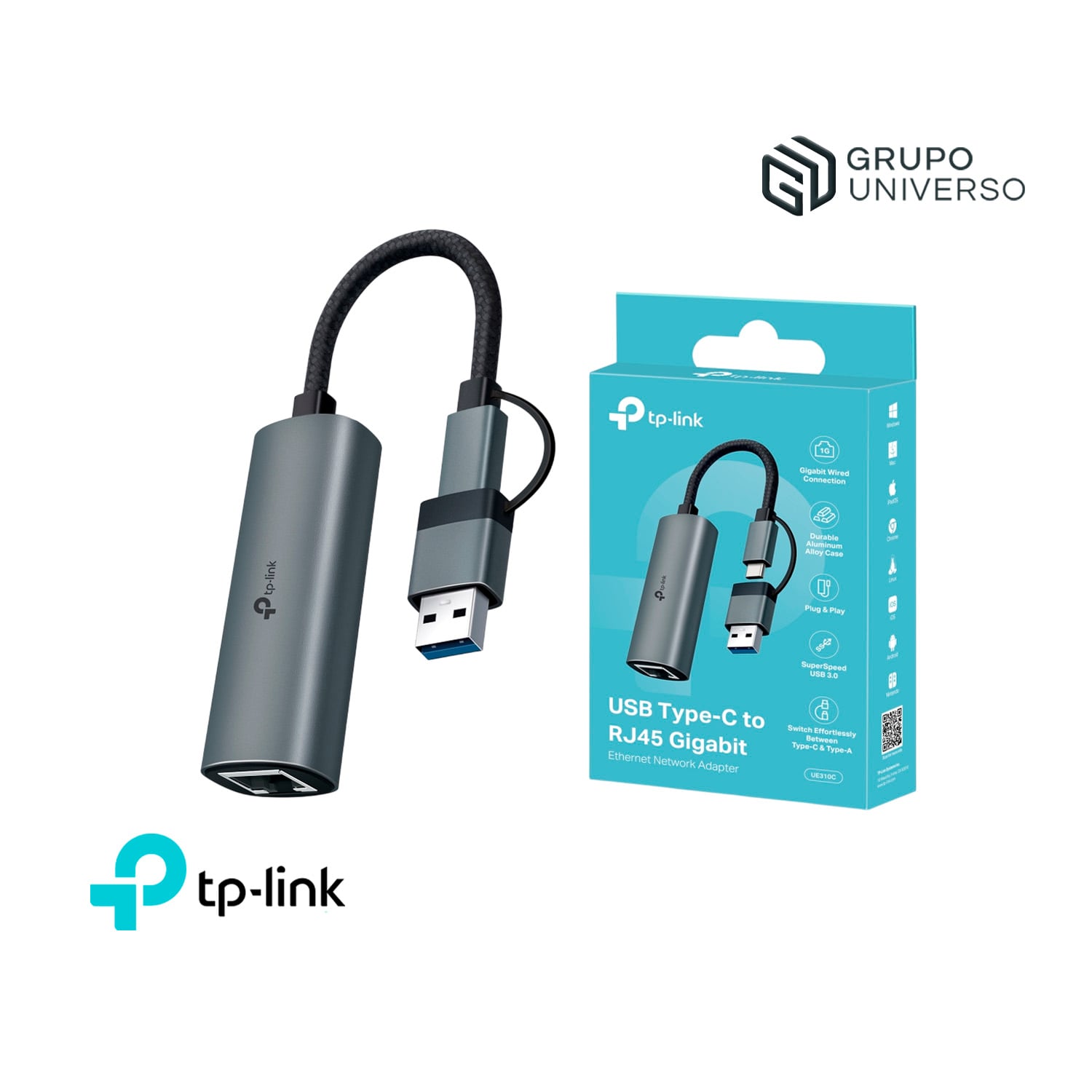 ADAPTADOR RED USB TP-LINK UE310C USB A/C A GIGABIT RJ45 1000 MBPS - 1