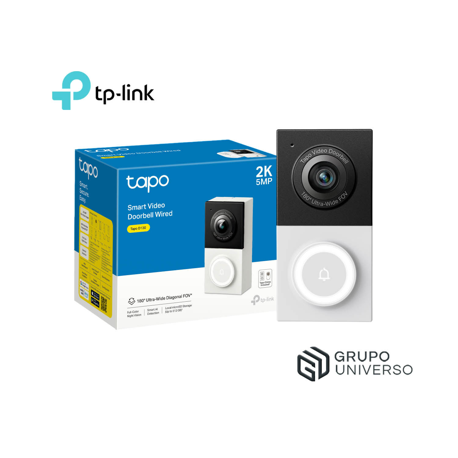 TIMBRE INTELIGENTE TAPO D130 2K CAPACIDAD 512GB CÁMARA VISIÓN 180 DETECCIÓN PAQUETE AUDIO BIDIRECCIONAL - 1