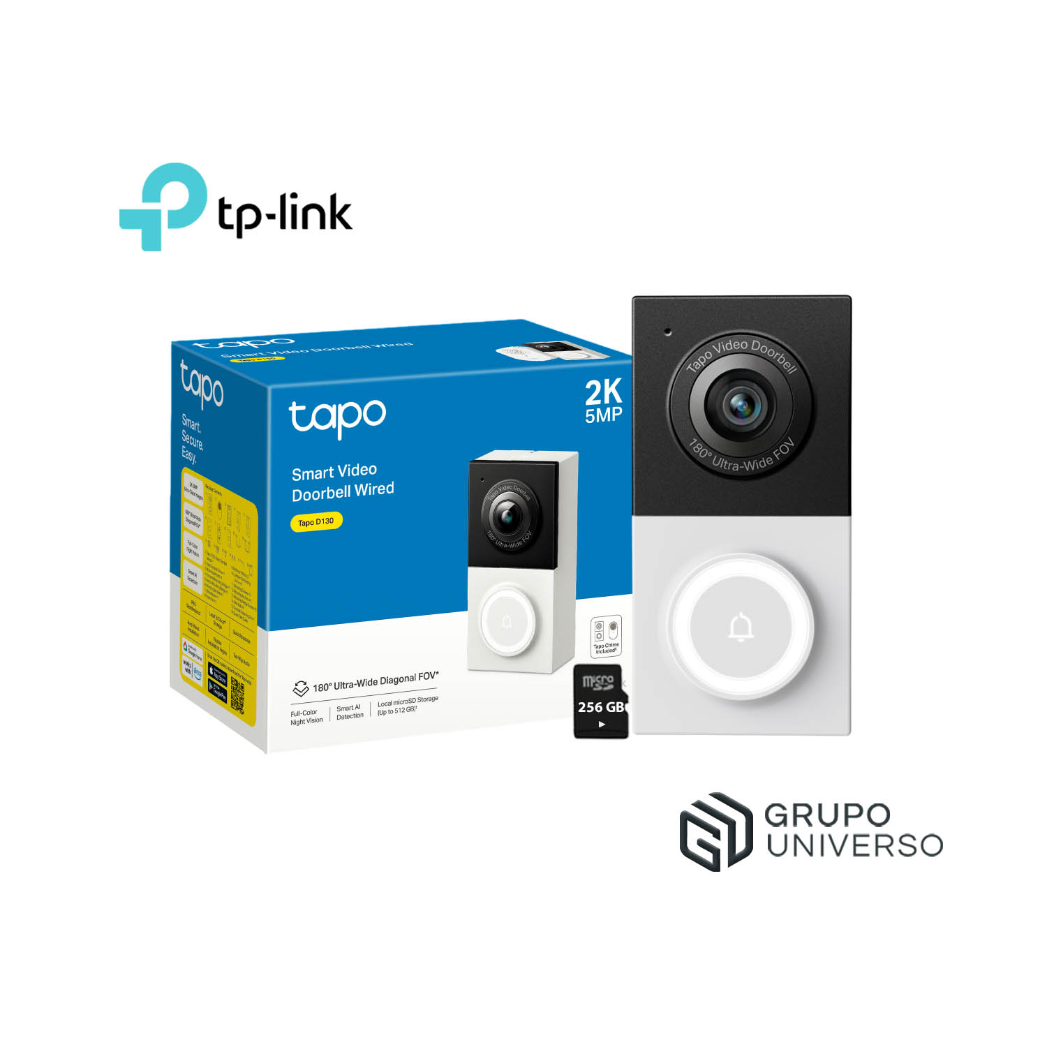 TIMBRE INTELIGENTE TAPO D130 2K + SD 256GB CÁMARA VISIÓN 180 DETECCIÓN PAQUETE AUDIO BIDIRECCIONAL - 1