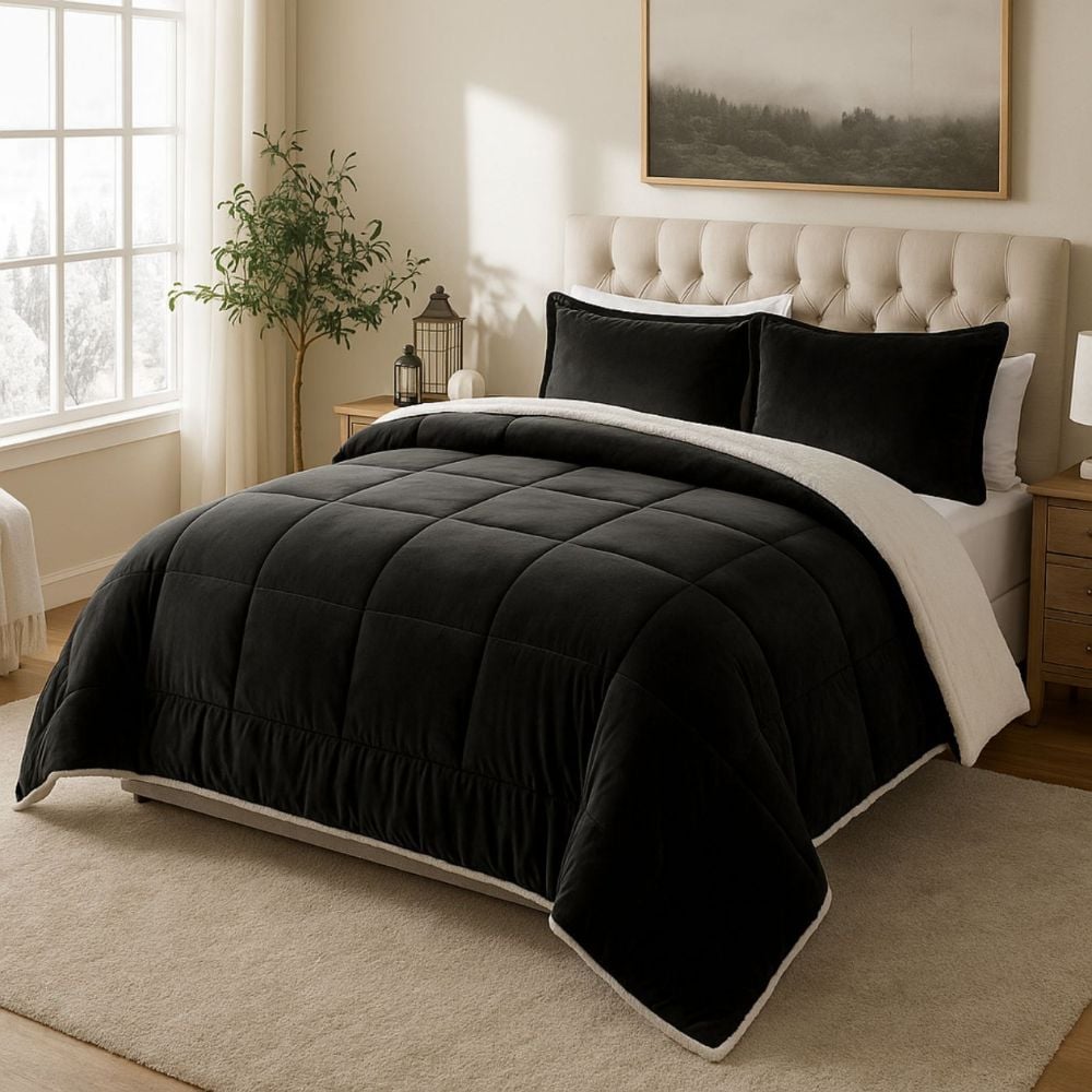 EDREDON NUBE HOGAR KING INVERNIA SET CUADROS FELPA CON SHERPA + FUNDAS DE ALMOHADA - 1