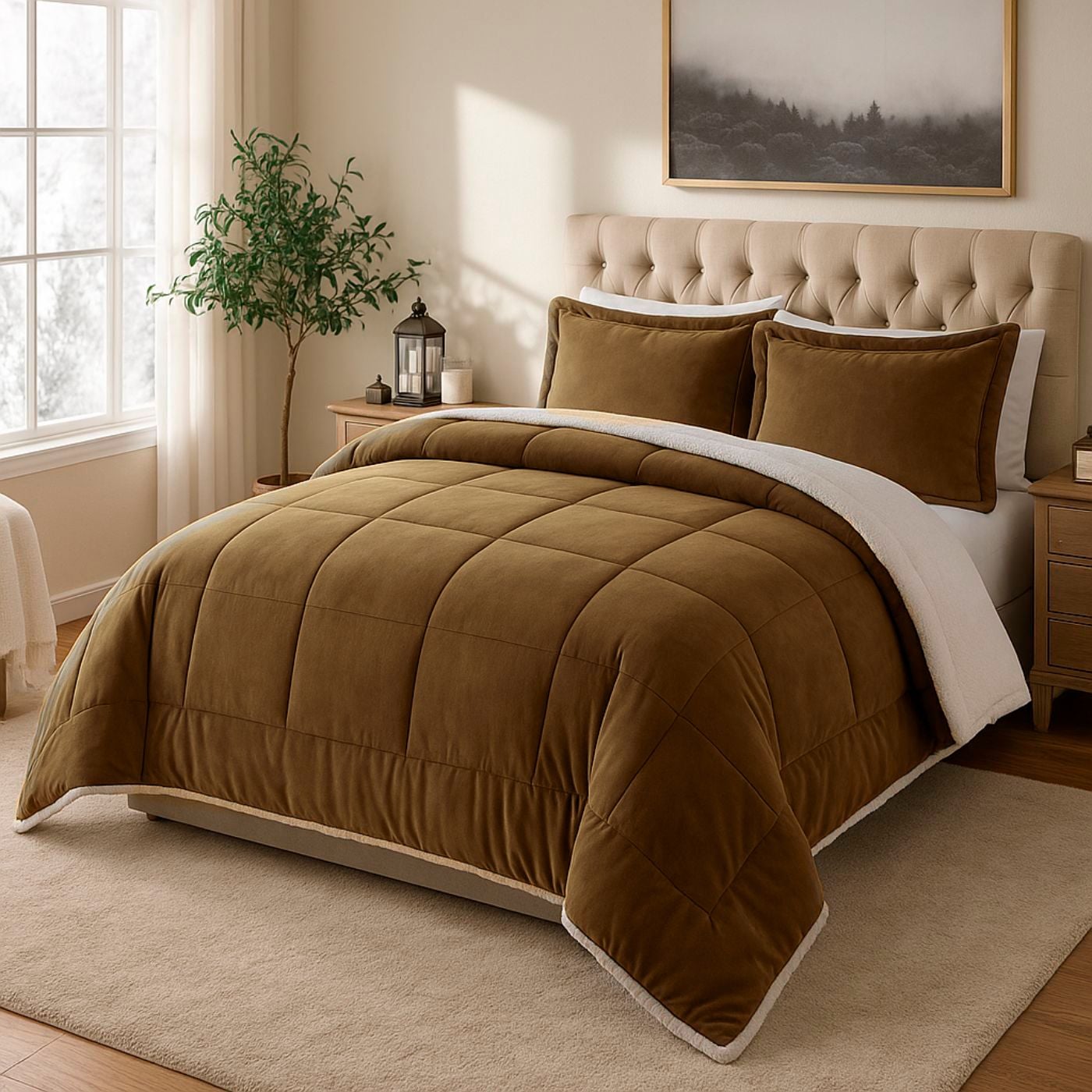 EDREDON NUBE HOGAR QUEEN INVERNIA SET CUADROS FELPA CON SHERPA + FUNDAS DE ALMOHADA - 1