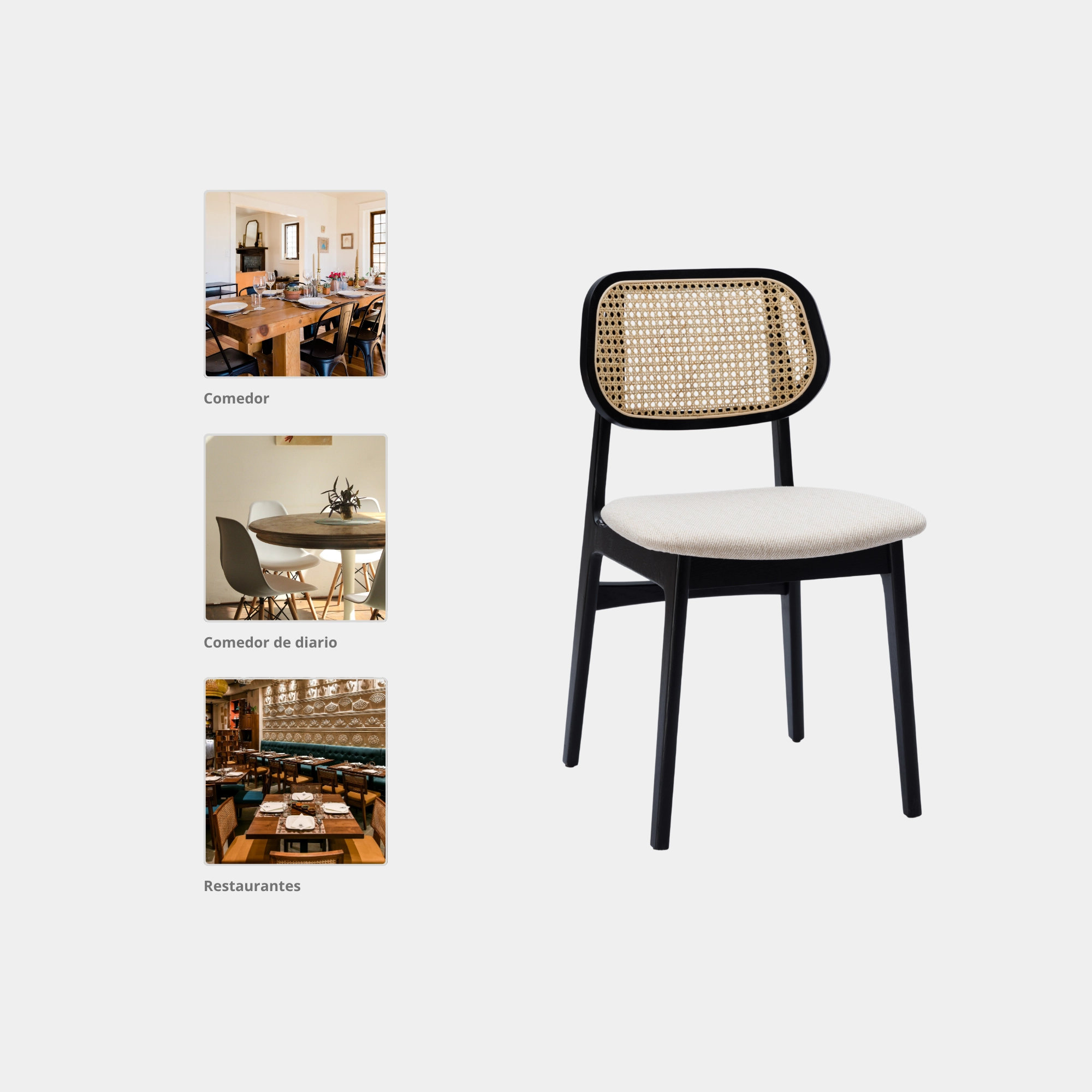 SILLA COMEDOR VRUNA MADERA Y RATTAN Y TELA BLACK Y LIGHT BEIGE - 4