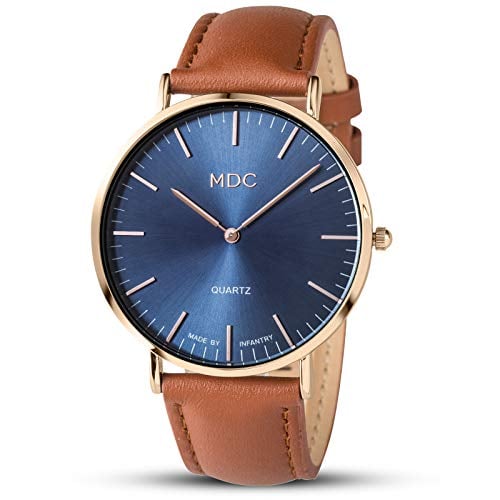 RELOJ GLOBAL SHOPEX UNISEX MDC PIEL AUTÉNTICA 1.575IN ULTRAFINO MINIMALISTA AZUL PROFUNDO INFORMAL - 1
