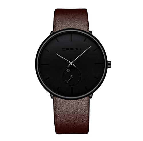 RELOJ GLOBAL SHOPEX UNISEX MODA MINIMALISTA ULTRAFINO CORREA MARRÓN CUERO IMPERMEABLE - 1