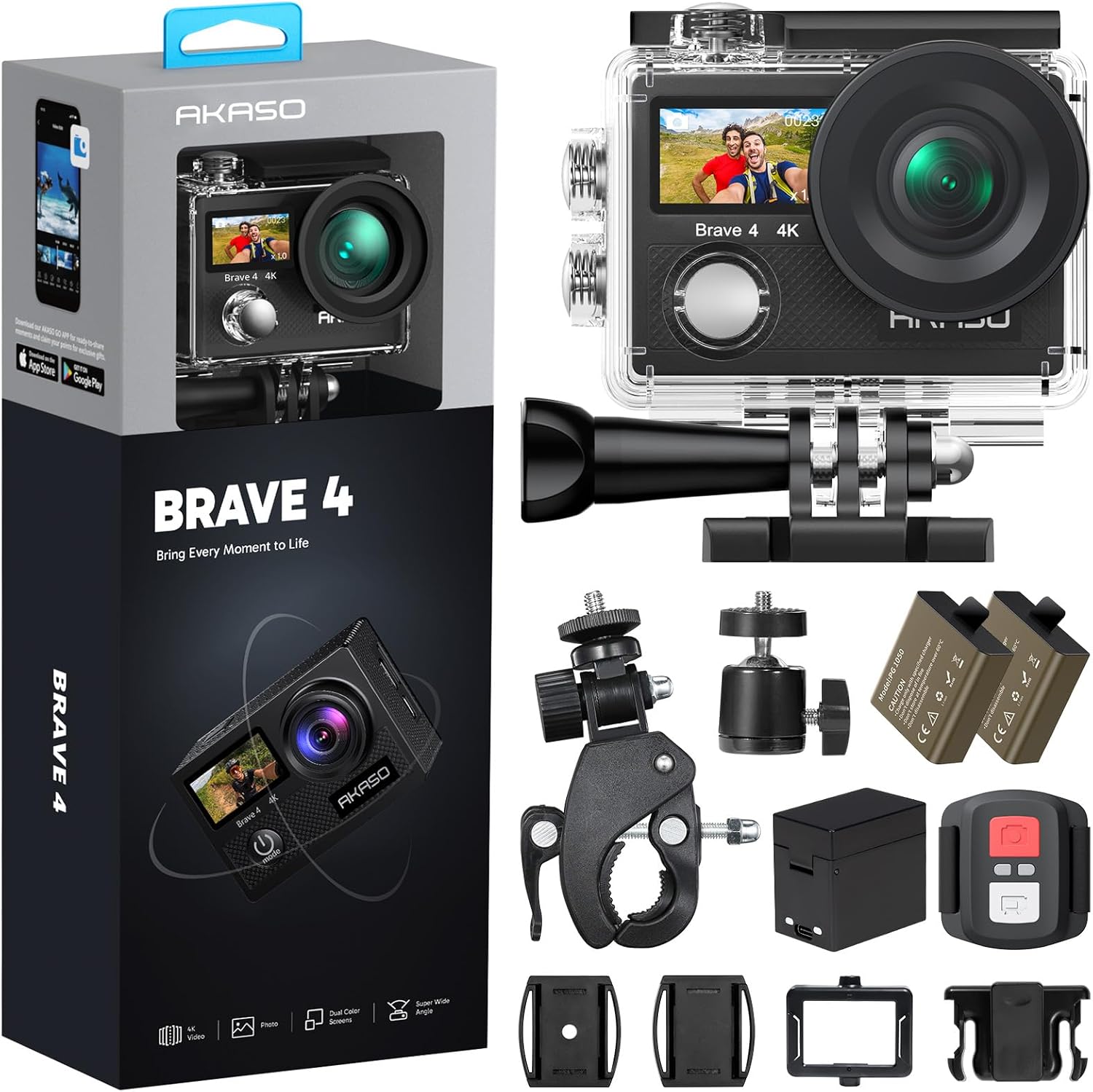 CÁMARA DE ACCIÓN AKASO BRAVE 4 4K 20MPCON WIFI, SENSOR SONY ULTRA HD CON EIS 100 PIES, SUMERGIBLE, IMPERMEABLE, CON 2 - 1