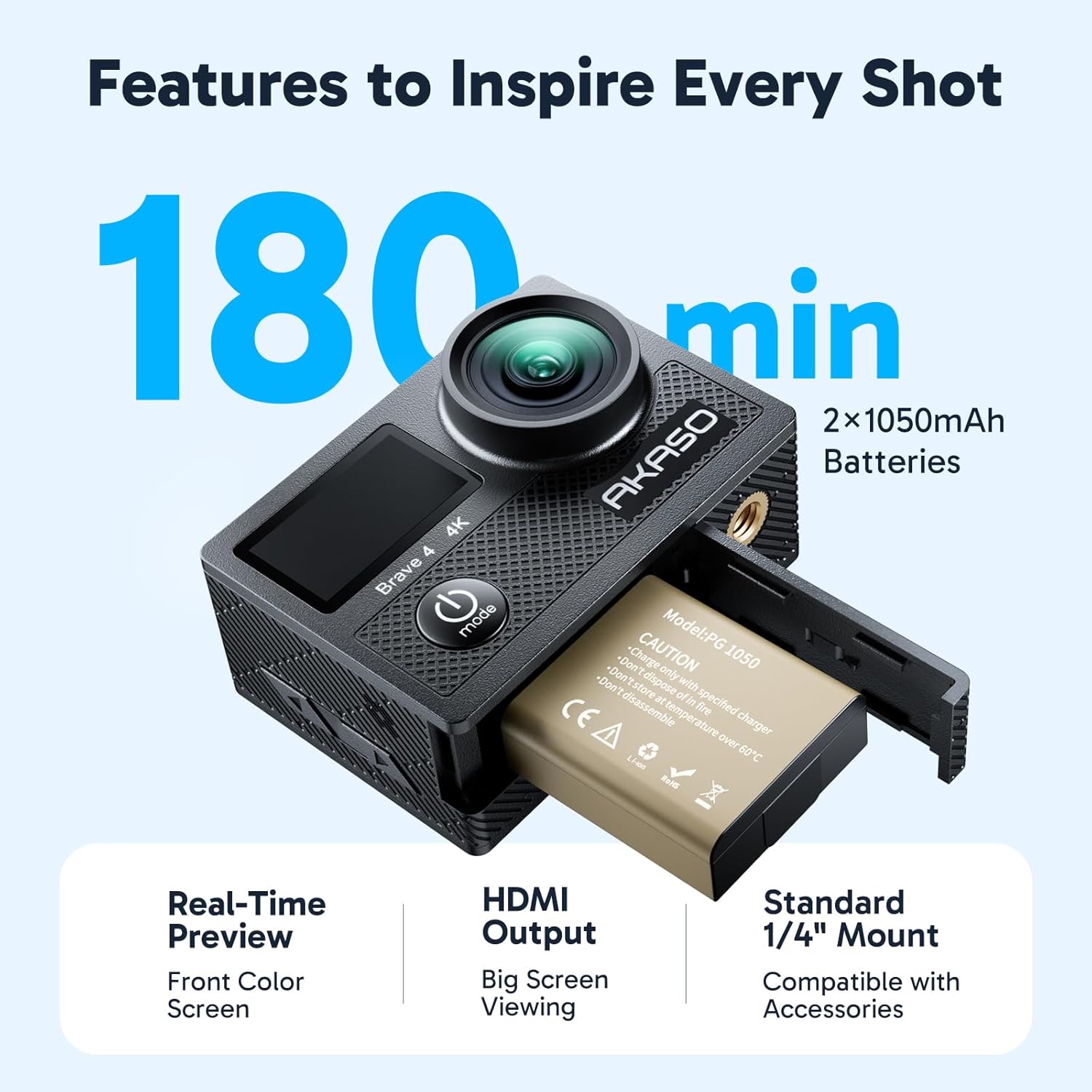 CÁMARA DE ACCIÓN AKASO BRAVE 4 4K 20MPCON WIFI, SENSOR SONY ULTRA HD CON EIS 100 PIES, SUMERGIBLE, IMPERMEABLE, CON 2 - 7