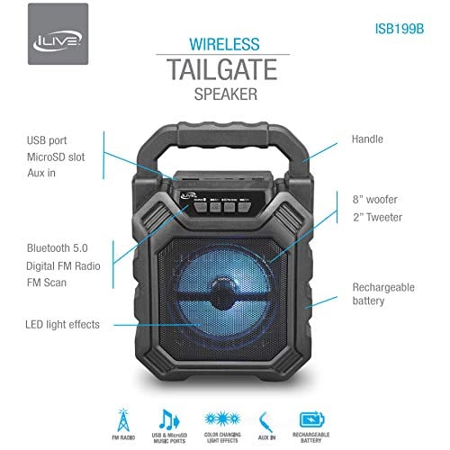 ILIVE ISB199B - ALTAVOZ INALÁMBRICO PARA FIESTA CON EFECTOS DE LUZ LED Y BATERÍA RECARGABLE INCORPORADA COLOR NEGRO - 2