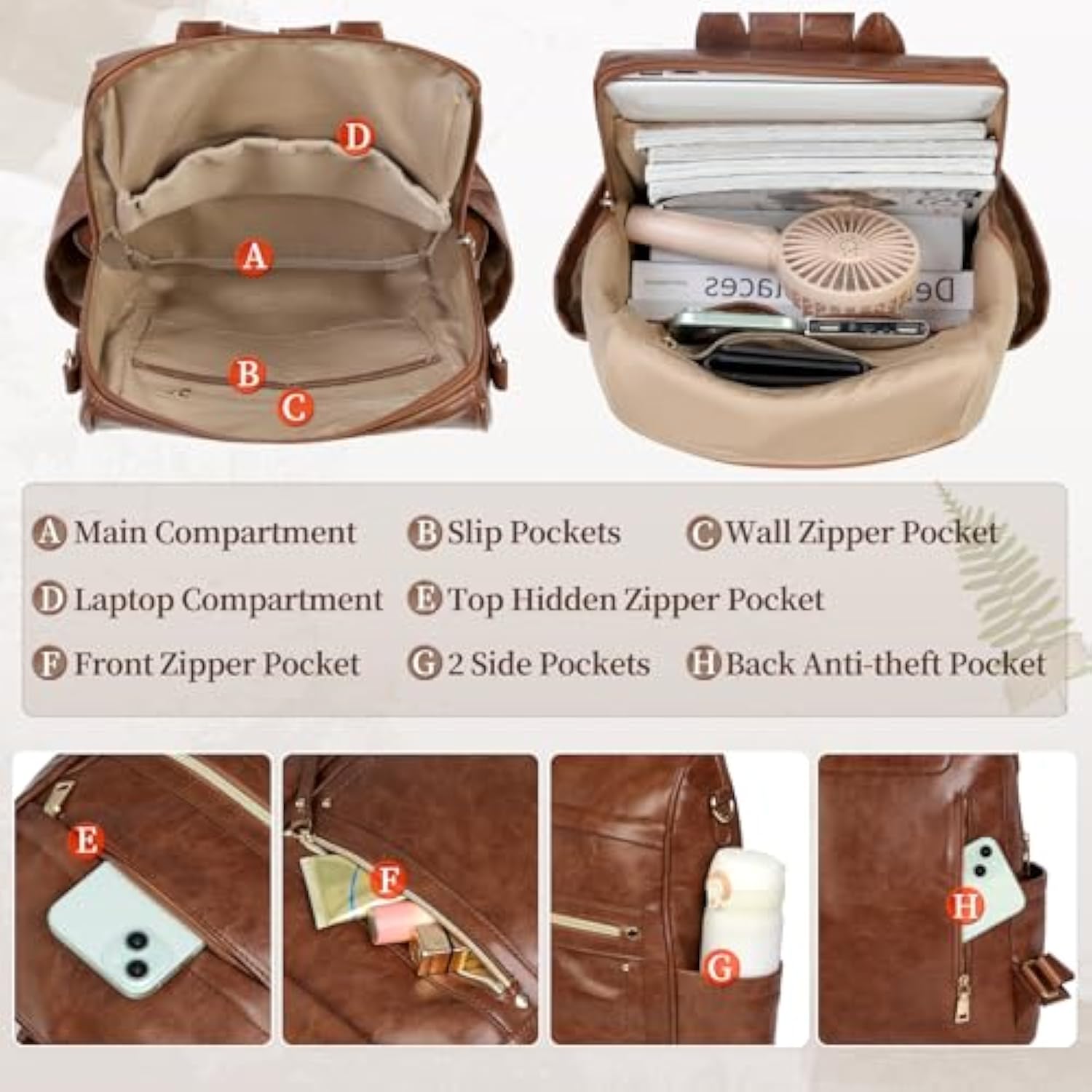 RAINSMORE MOCHILA PARA MUJER MOCHILA DE CUERO IMPERMEABLE DE VIAJE - 4