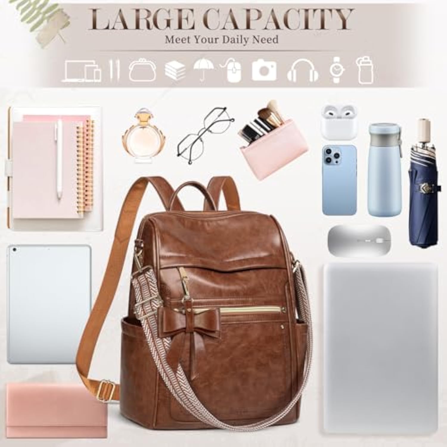 RAINSMORE MOCHILA PARA MUJER MOCHILA DE CUERO IMPERMEABLE DE VIAJE - 6
