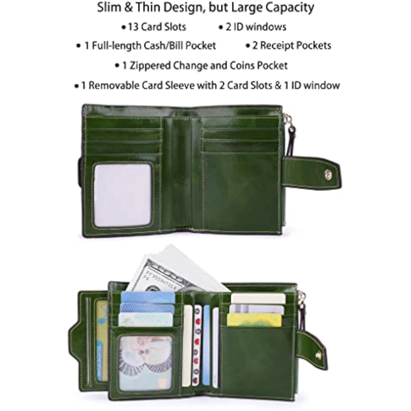 CARTERA DE PIEL CON BLOQUEO RFID PARA MUJER TAMAÑO PEQUEÑO COMPACTA DOBLE ZÍPER CON VENTANA PARA IDENTIFICACIÓN - 2