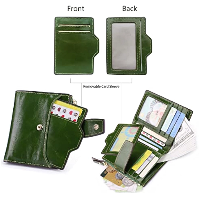 CARTERA DE PIEL CON BLOQUEO RFID PARA MUJER TAMAÑO PEQUEÑO COMPACTA DOBLE ZÍPER CON VENTANA PARA IDENTIFICACIÓN - 3